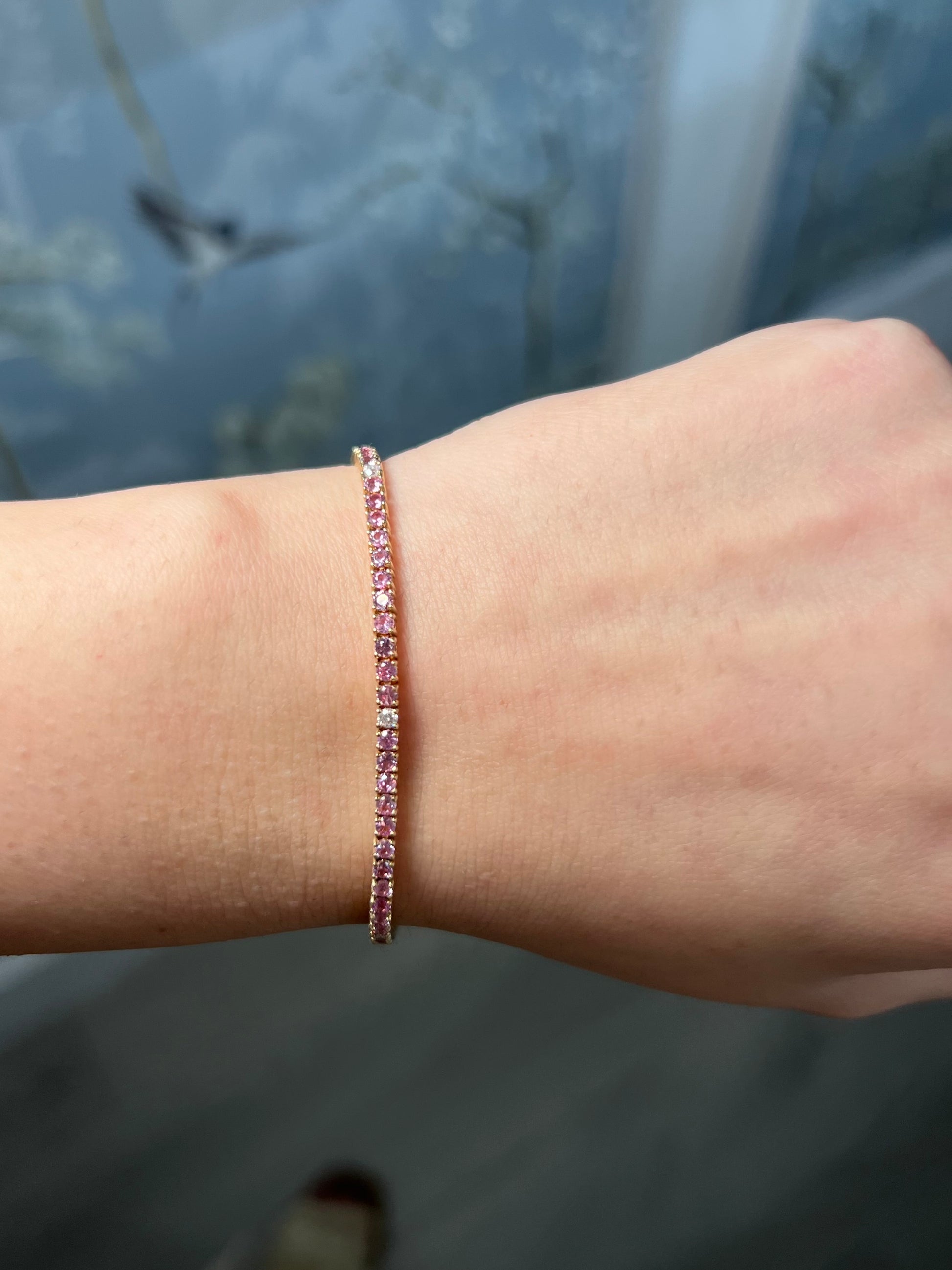 14k Yellow Gold Pink Sapphire Tennis Bracelet