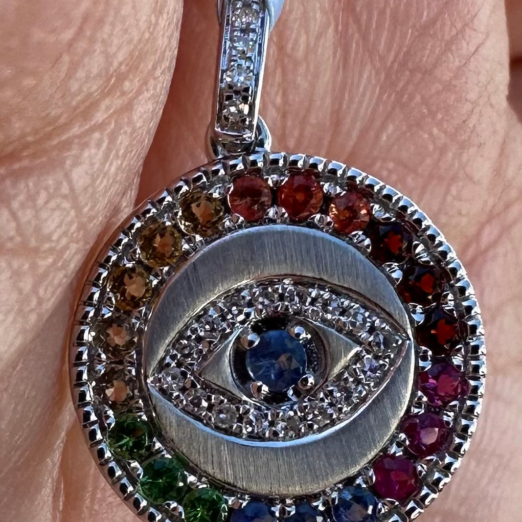 White gold round evil eye multi color stone charm