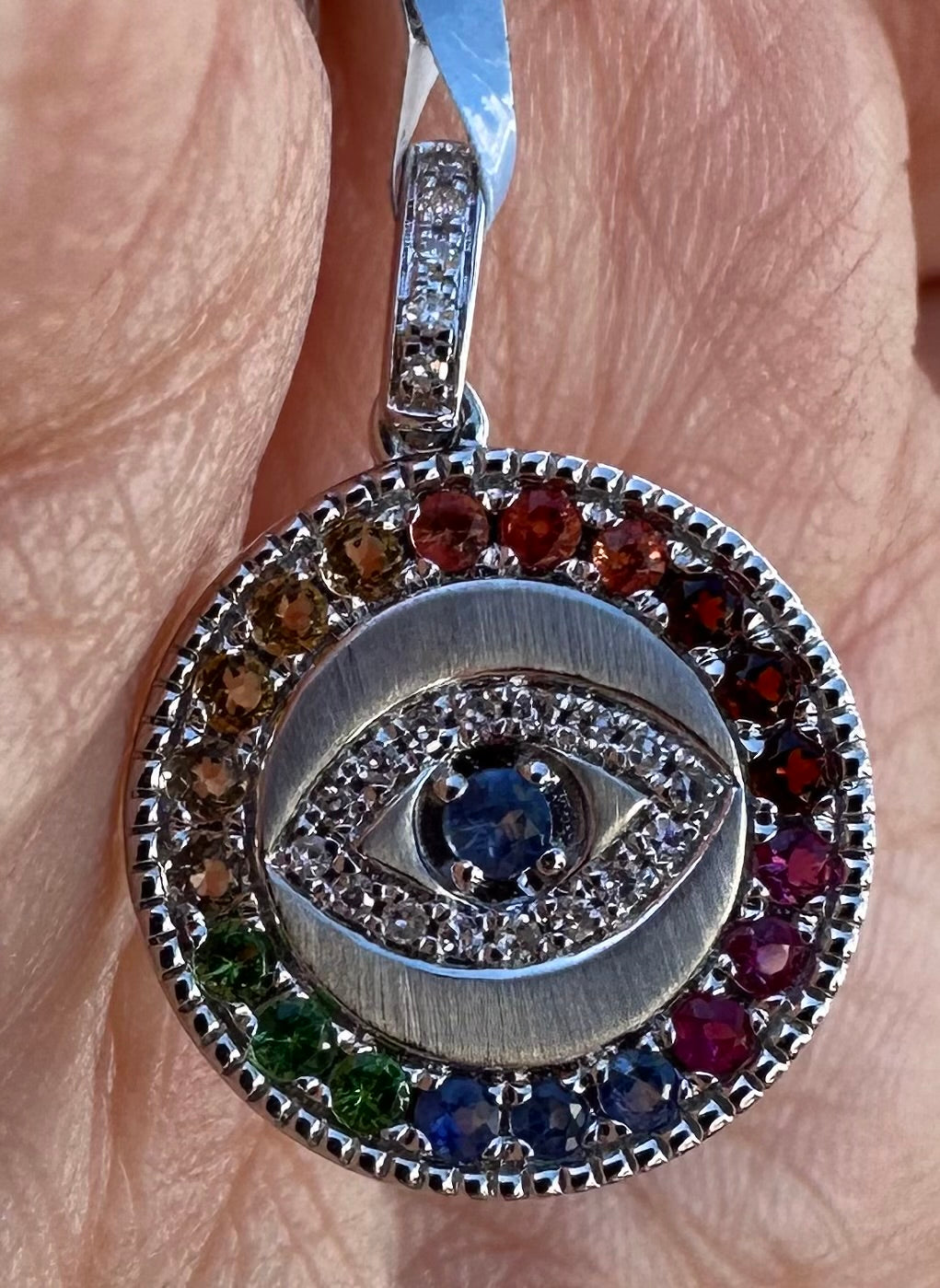 White gold round evil eye multi color stone charm