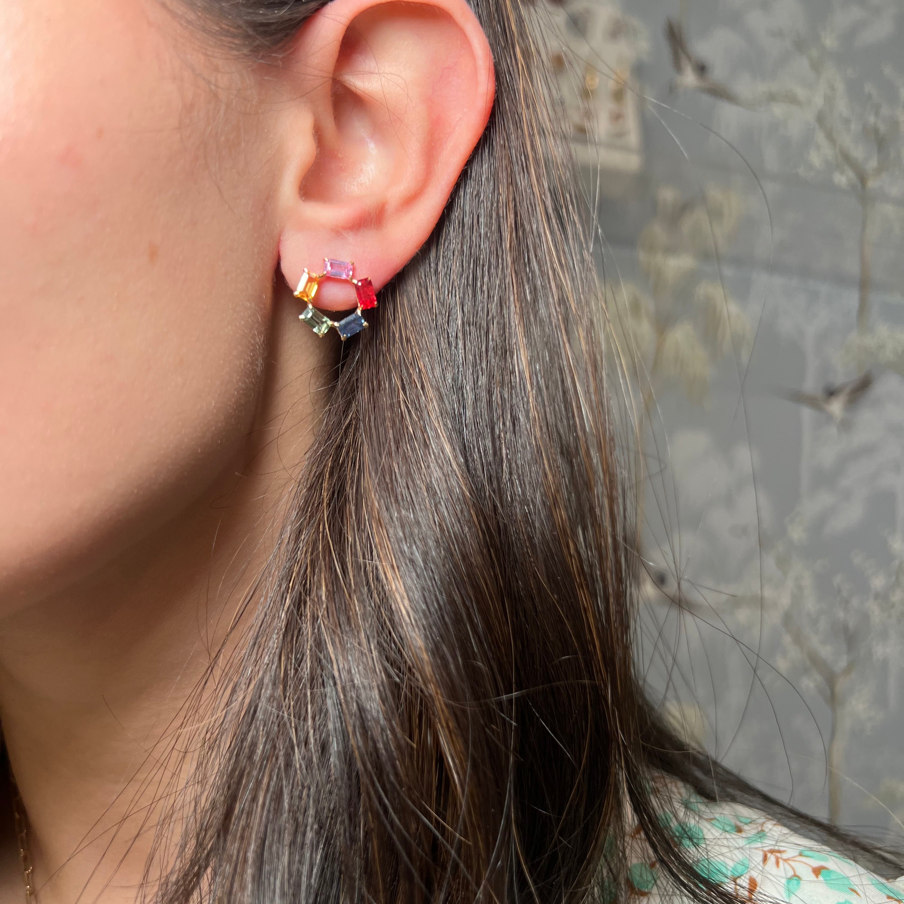 Multi Sapphire Rainbow Emerald Circle Earrings