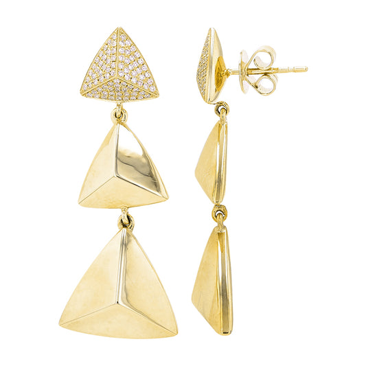 14k Yellow Gold Pyramid Diamond Dangling Stud Earrings