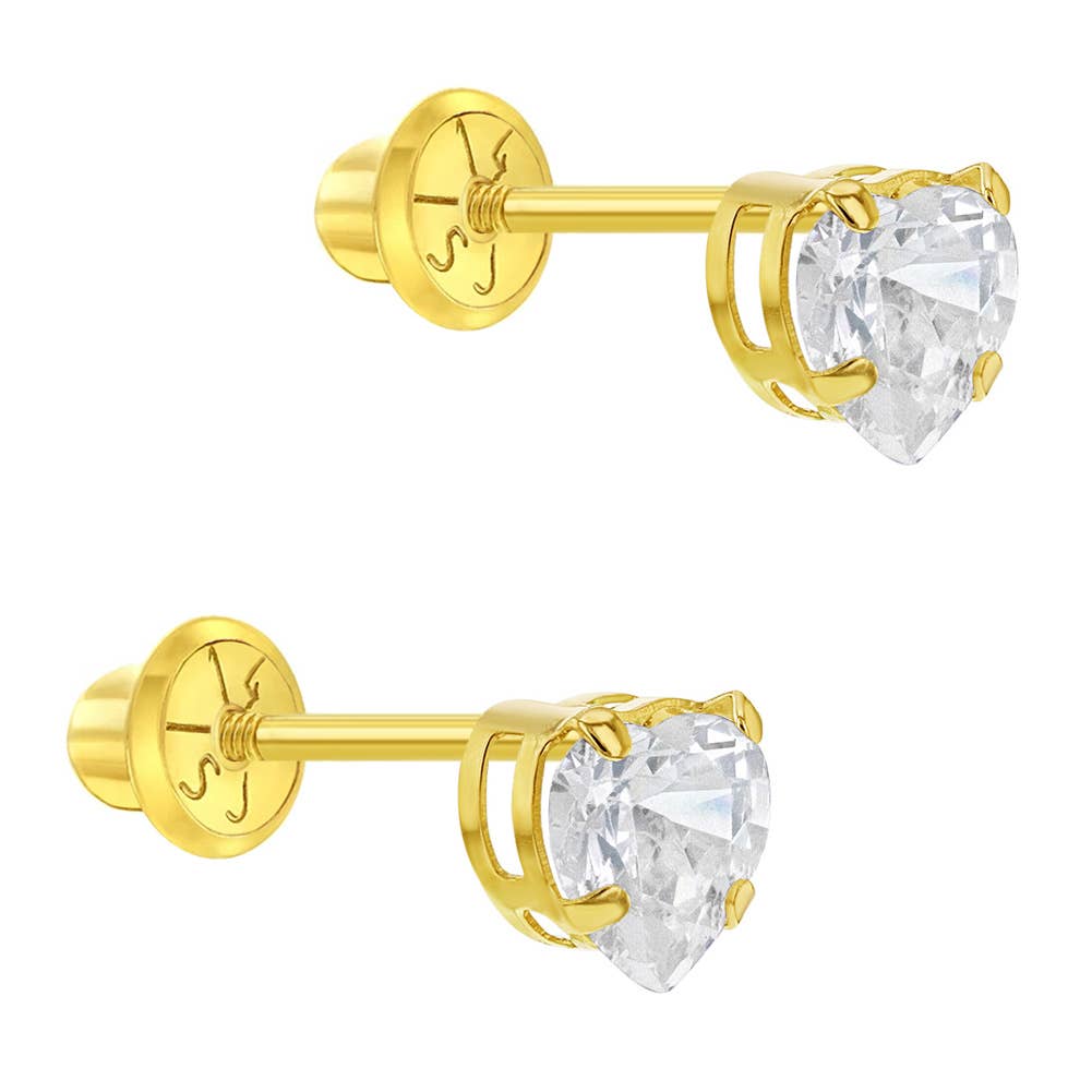 14k Gold Heart CZ Solitaire Kids / Children's / Girl Earring