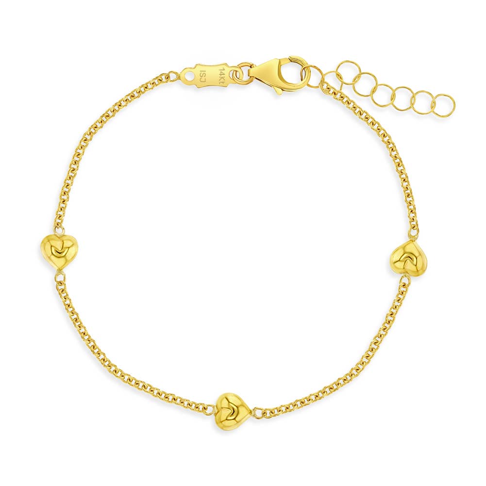 14k Gold 5"- 6" Puffed Heart Little Girls Bracelet