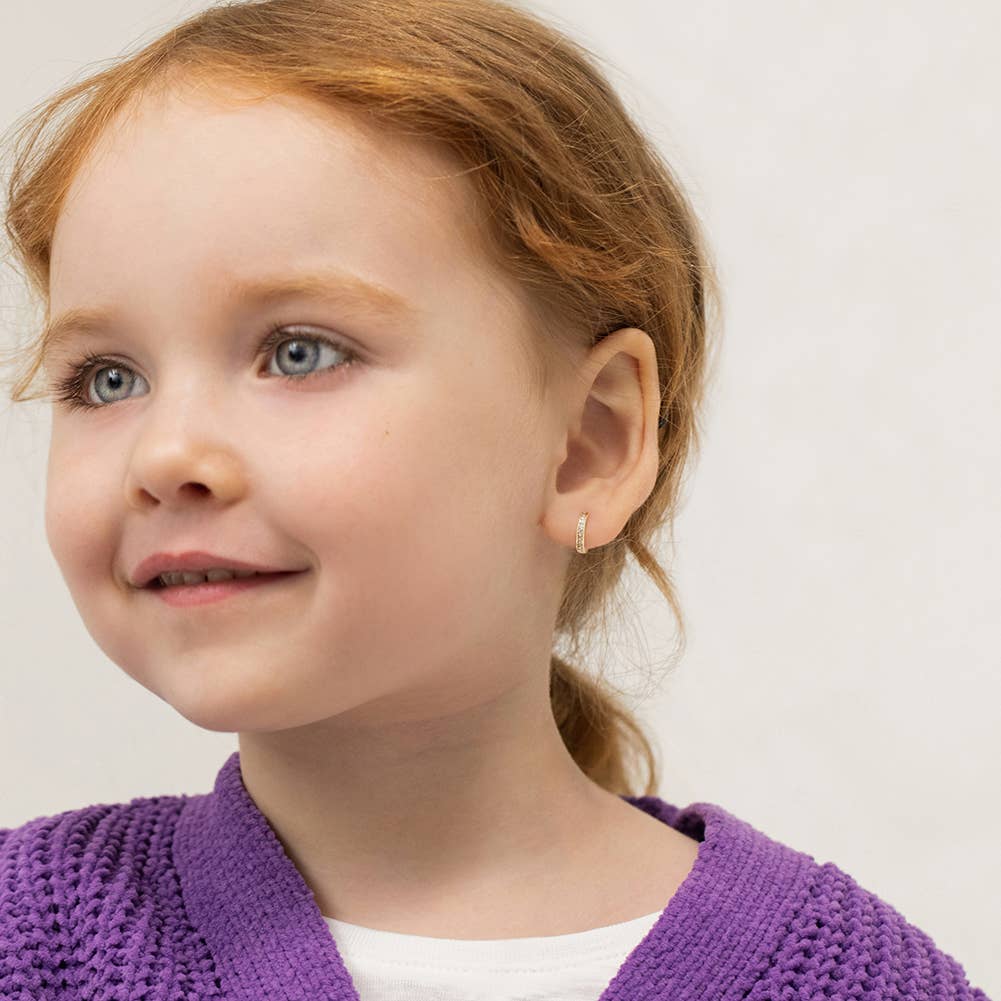 14k Gold Clear CZ Huggie 7mm Toddler / Kids / Girls Earrings