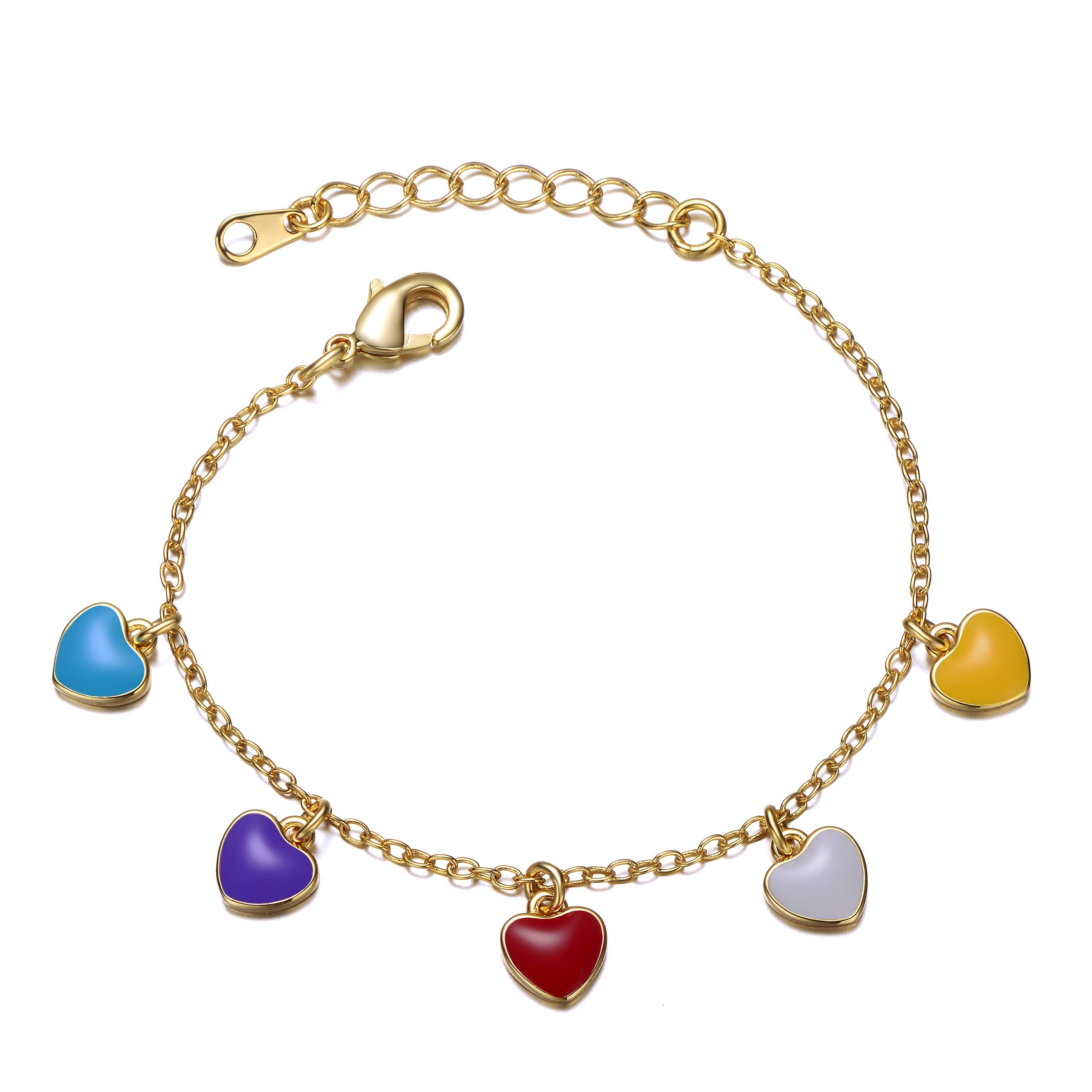 Adjustable Bracelet with Multi-Colored Enameled Heart Charms