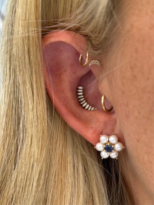 14K Pearl and Blue Sapphire Flower Studs