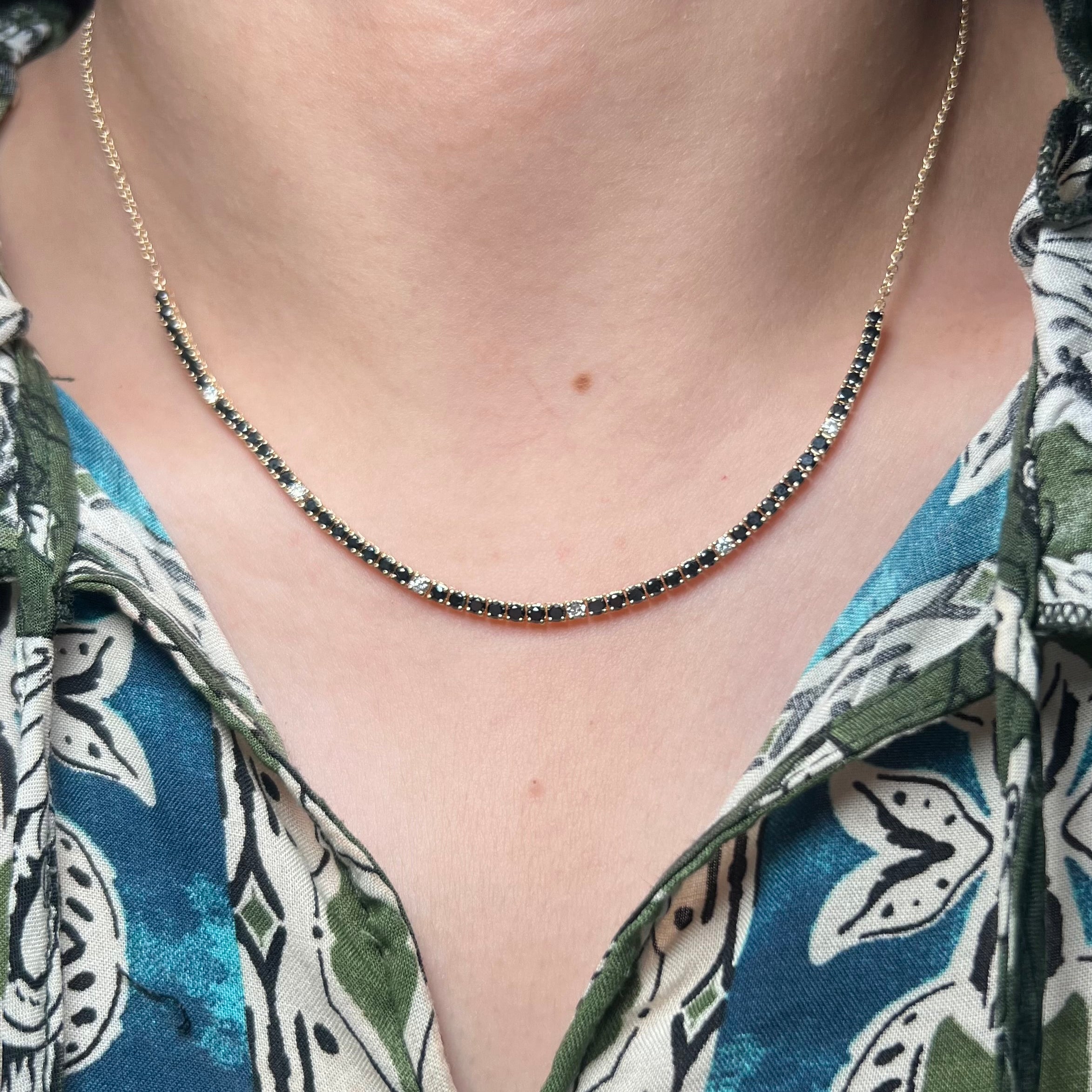 14k Yellow Gold Classic 4 Prongs Black Diamond Tennis Chain Necklace