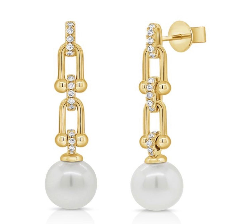 14K YELLOW GOLD DIAMOND LINK DROP PEARL EARRINGS