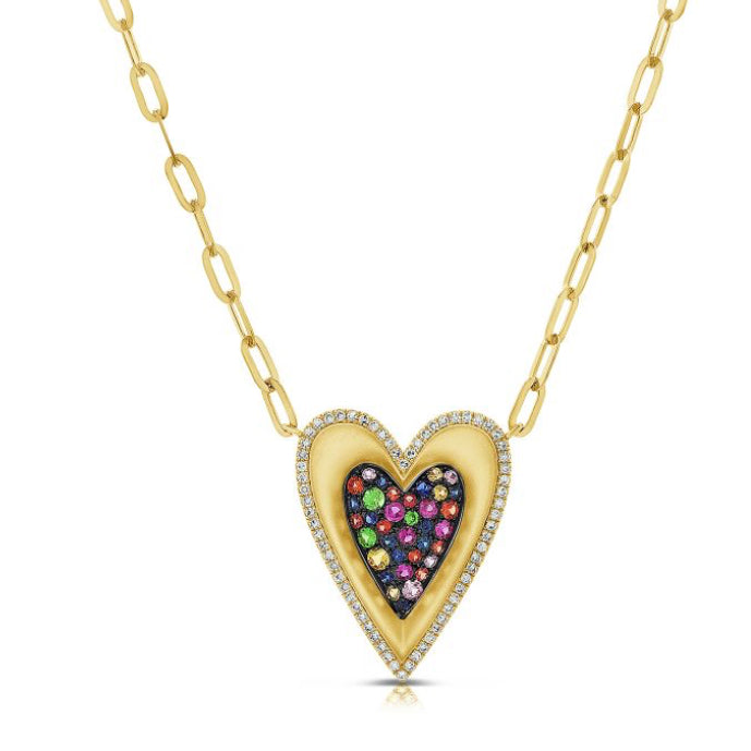.76CT RAINBOW COLOR AND DIAMOND HEART PENDANT NECKLACE