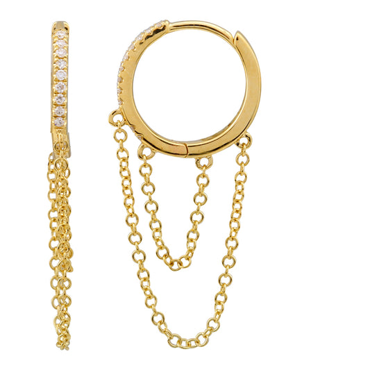 14k Yellow Gold Diamond Double Chain Huggie Earring