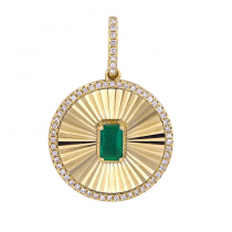 14k Yellow Gold Emerald Cut Emerald Lines / Fluted Disc Diamond Necklace Charm / Prong Set