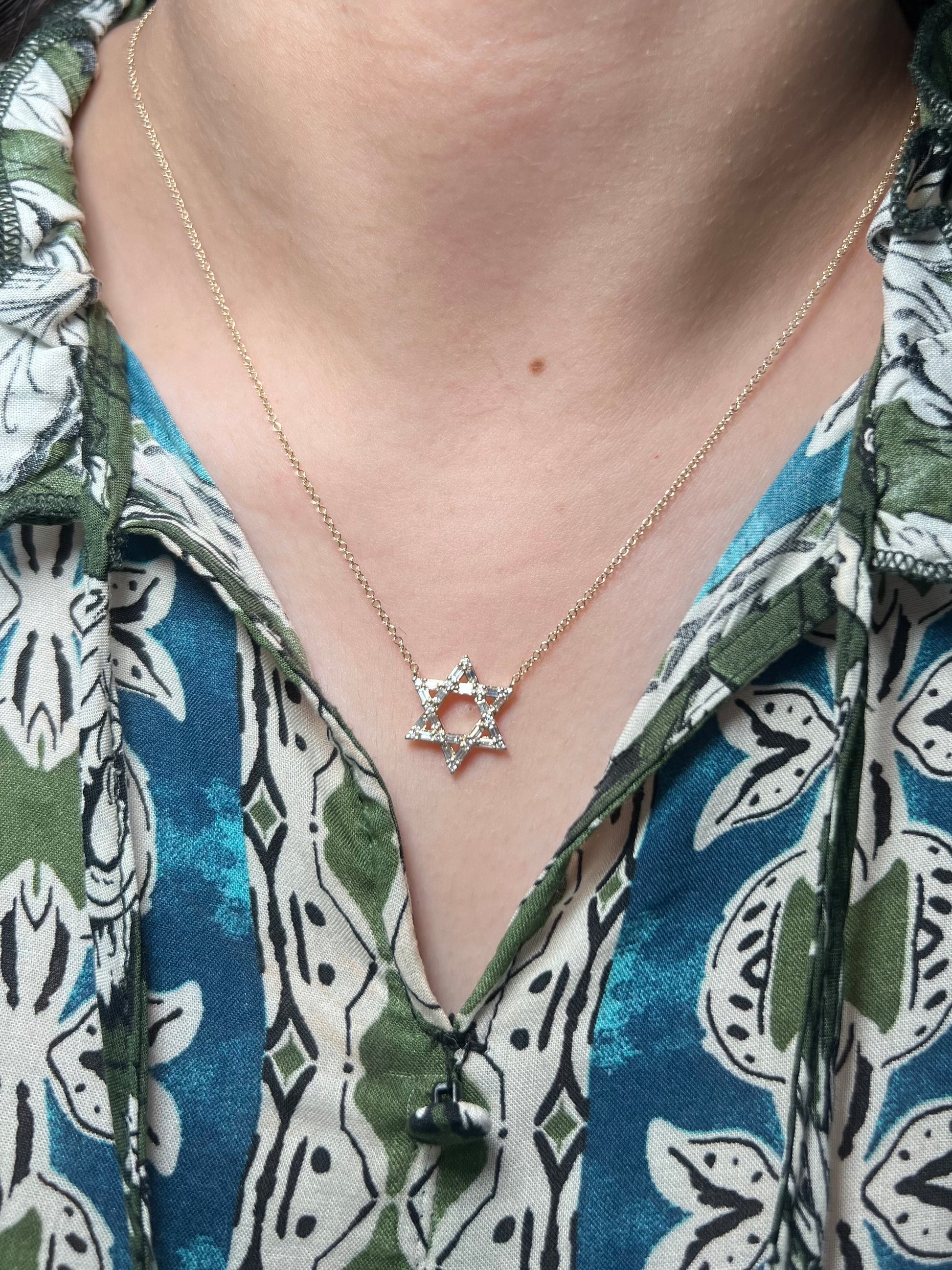 14k Gold Star-of-David Baguette Diamond Necklace