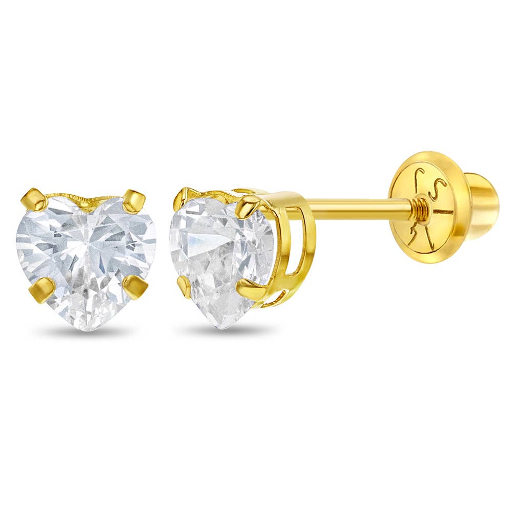 14k Gold Heart CZ Solitaire Kids / Children's / Girl Earring