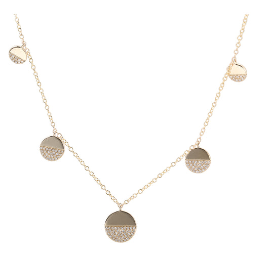 14k Gold Half Pave Diamond Circle 7 Station Necklace