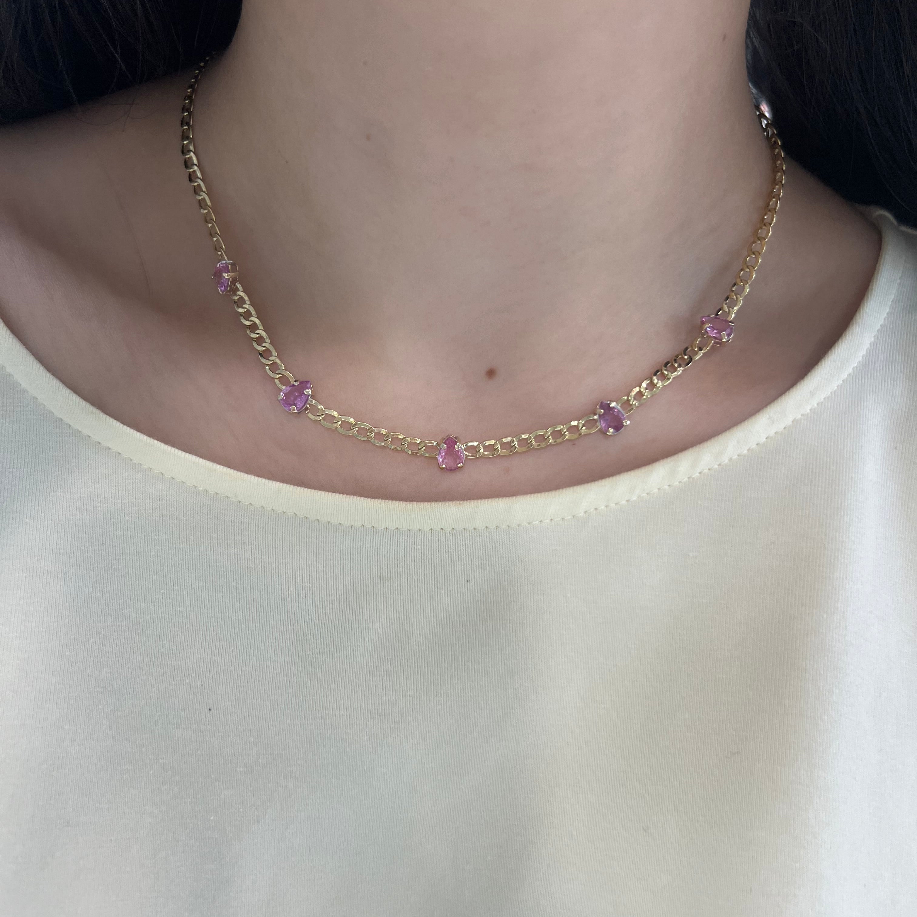 14k Cuban Link Necklace with Pink Sapphires