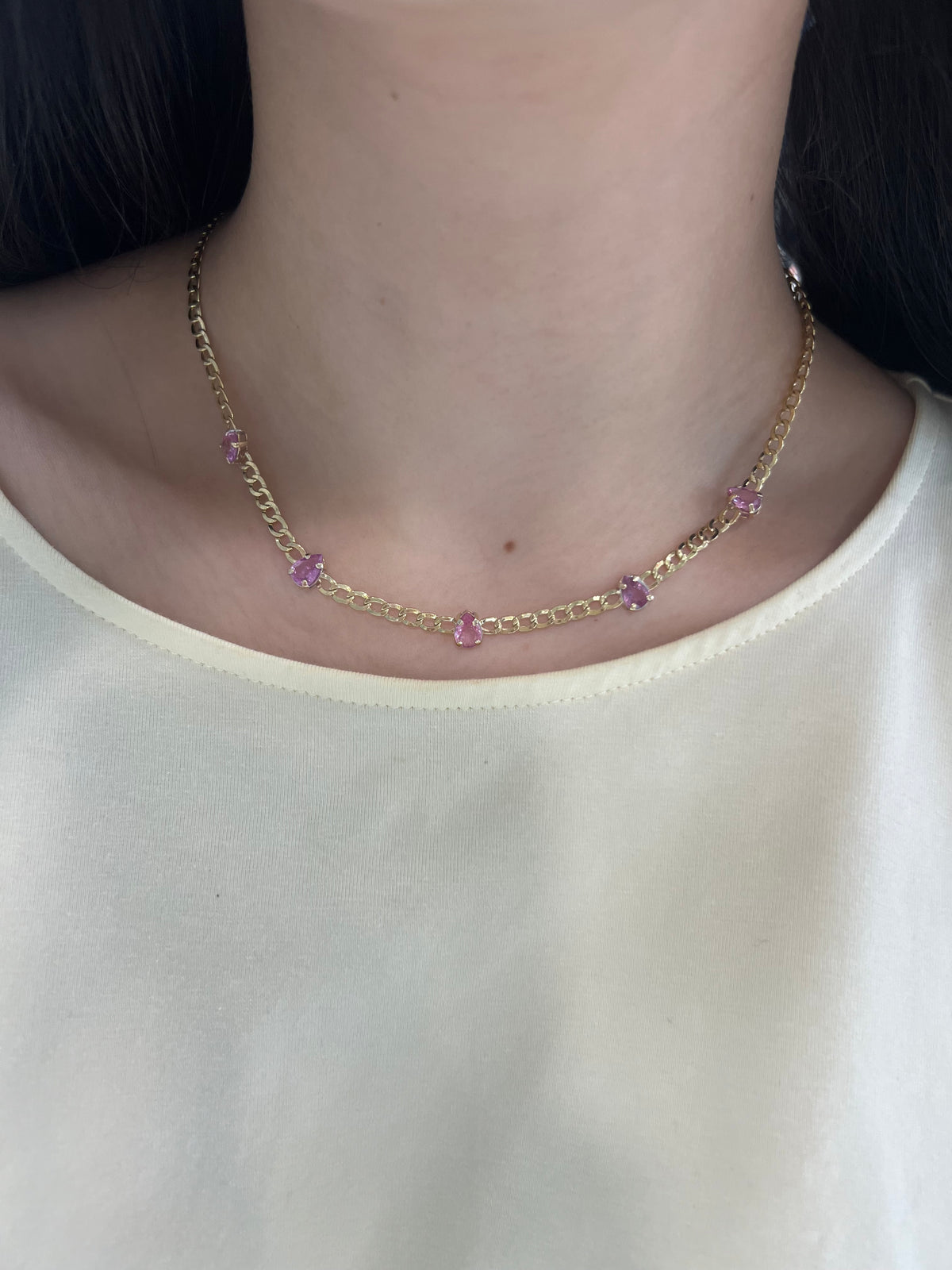 14k Cuban Link Necklace with Pink Sapphires