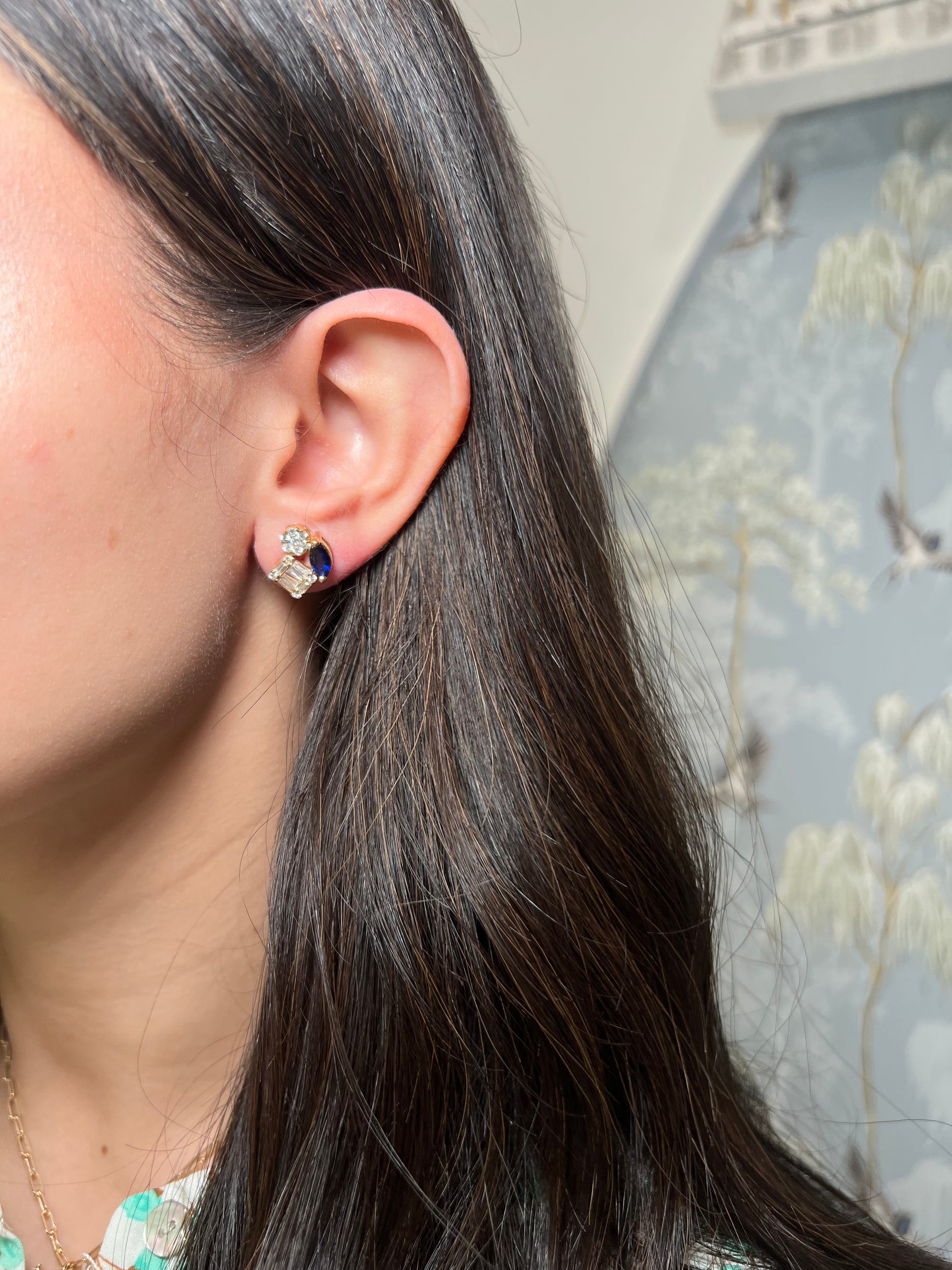 14k Yellow Gold Diamond and Colored Stone Cluster Earring