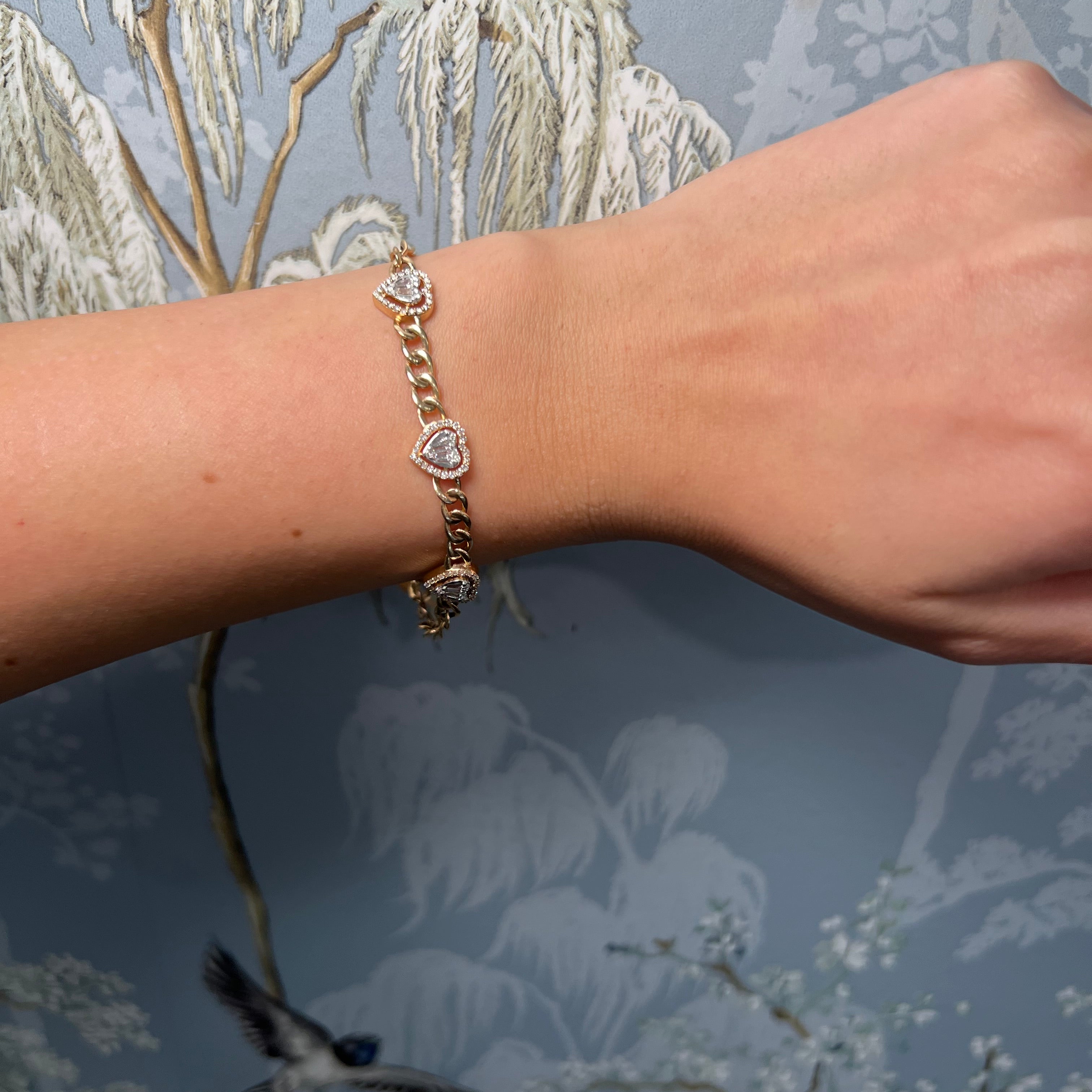 Cuban Chain Three Heart Diamond Bracelet