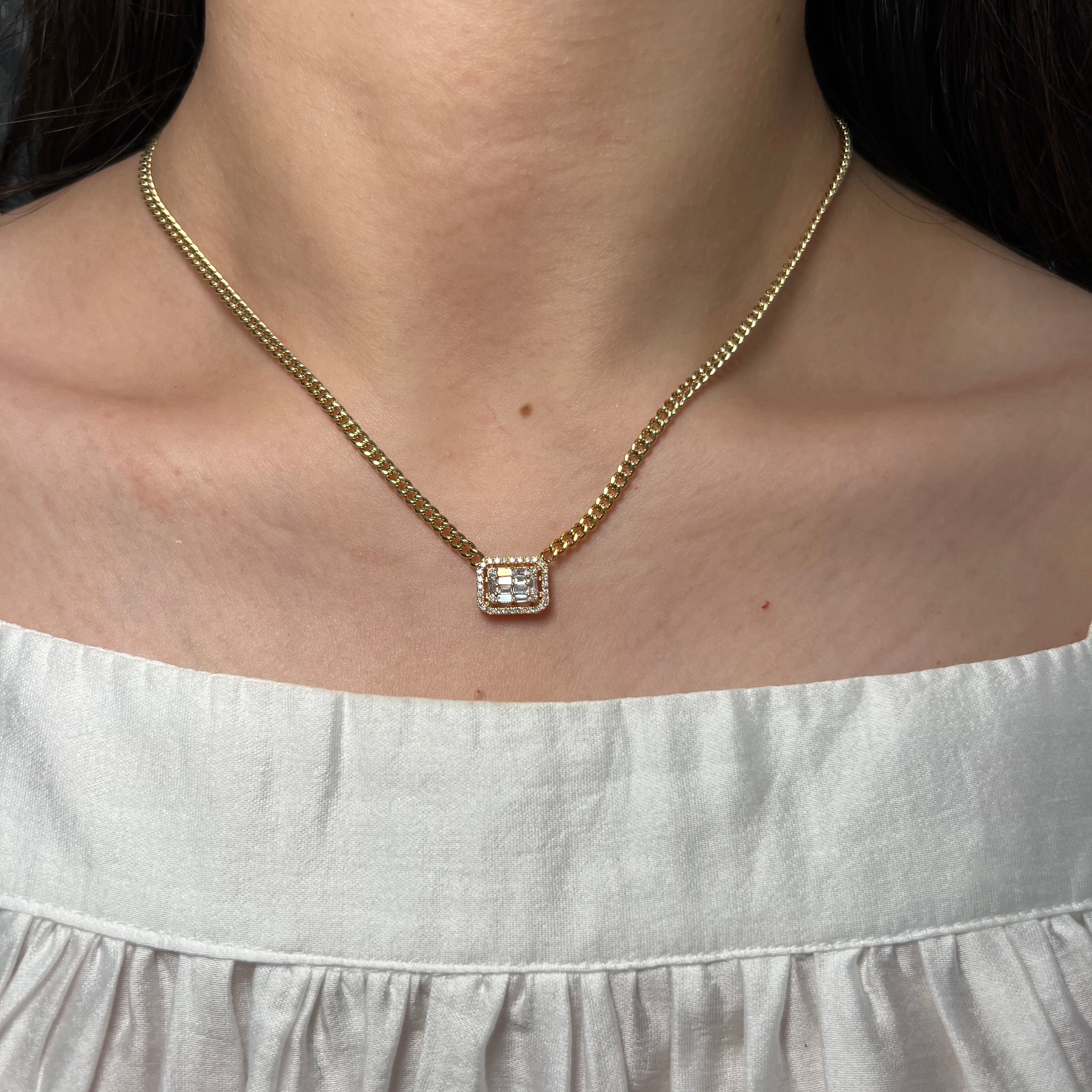 14K Yellow Gold Cuban Necklace with Emerald Baguette Pendant