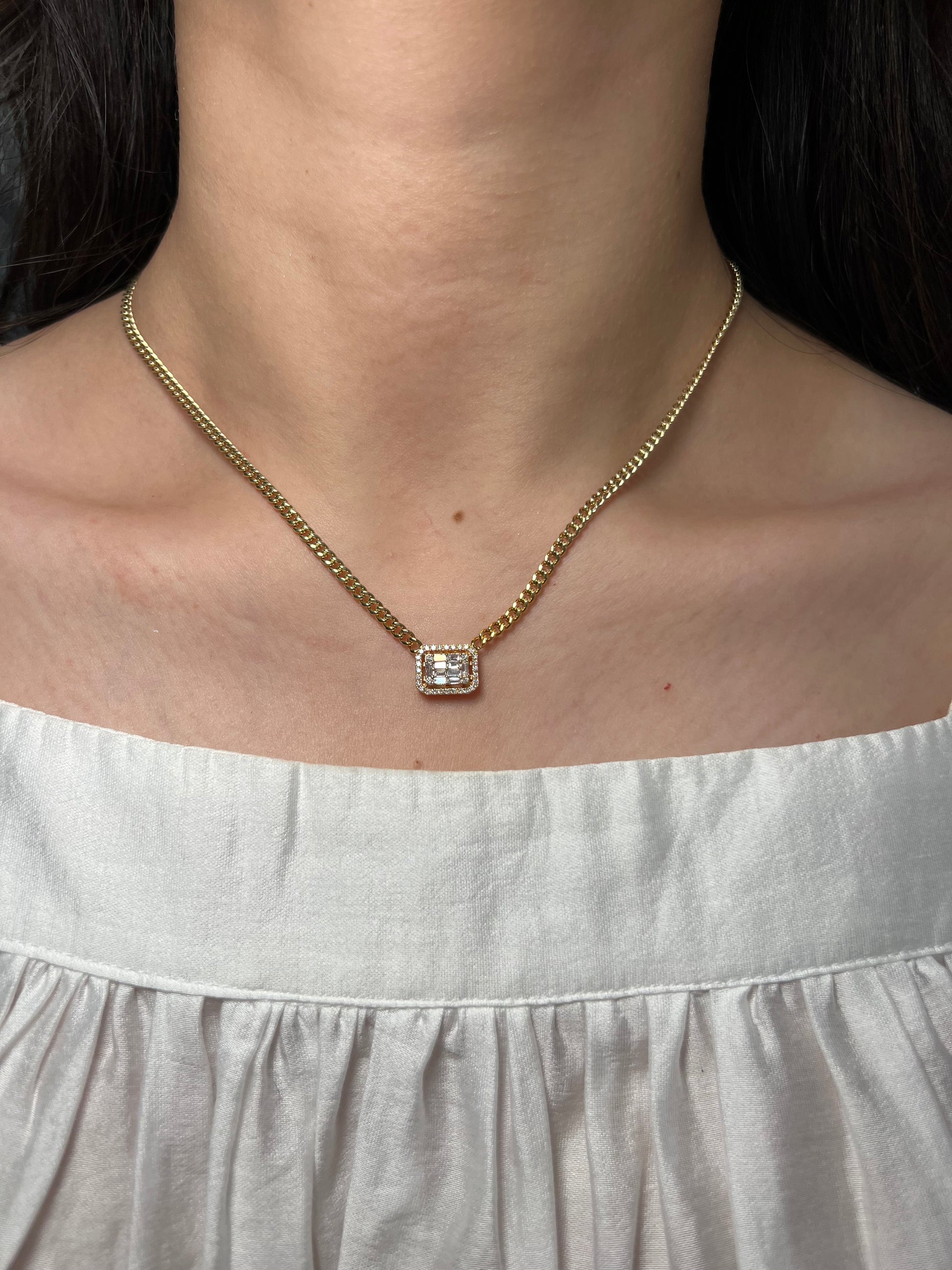 14K Yellow Gold Cuban Necklace with Emerald Baguette Pendant