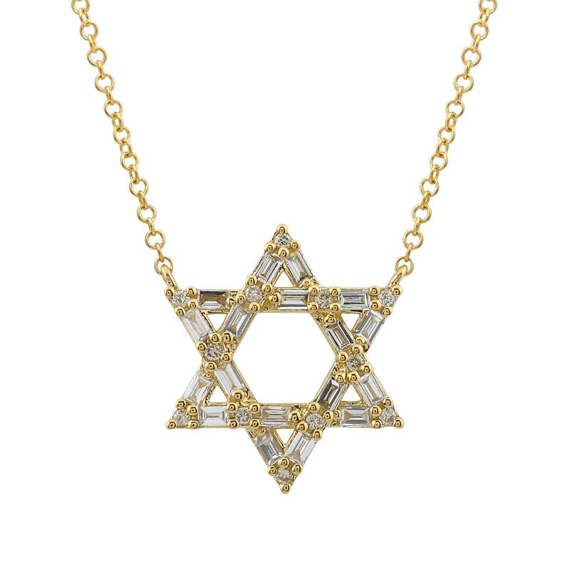 14k Gold Star-of-David Baguette Diamond Necklace