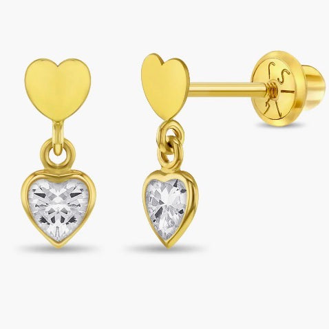14k CZ Heart Dangle Girl Earrings