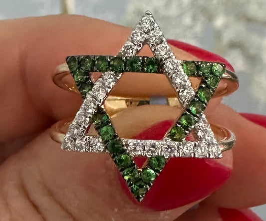 Emerald and diamond Magen David Ring