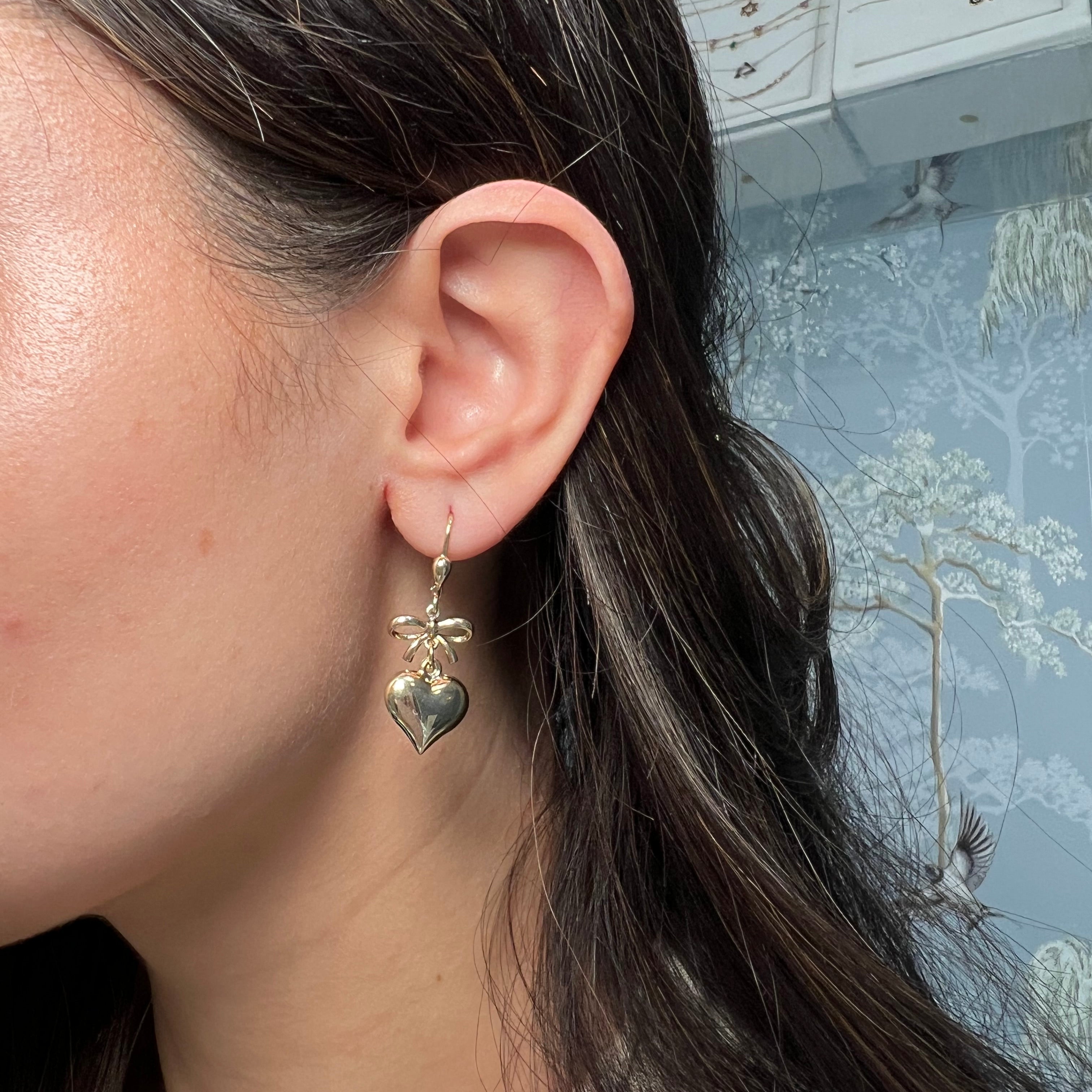 14k Yellow Gold Hanging Bow and Heart Huggie Earring
