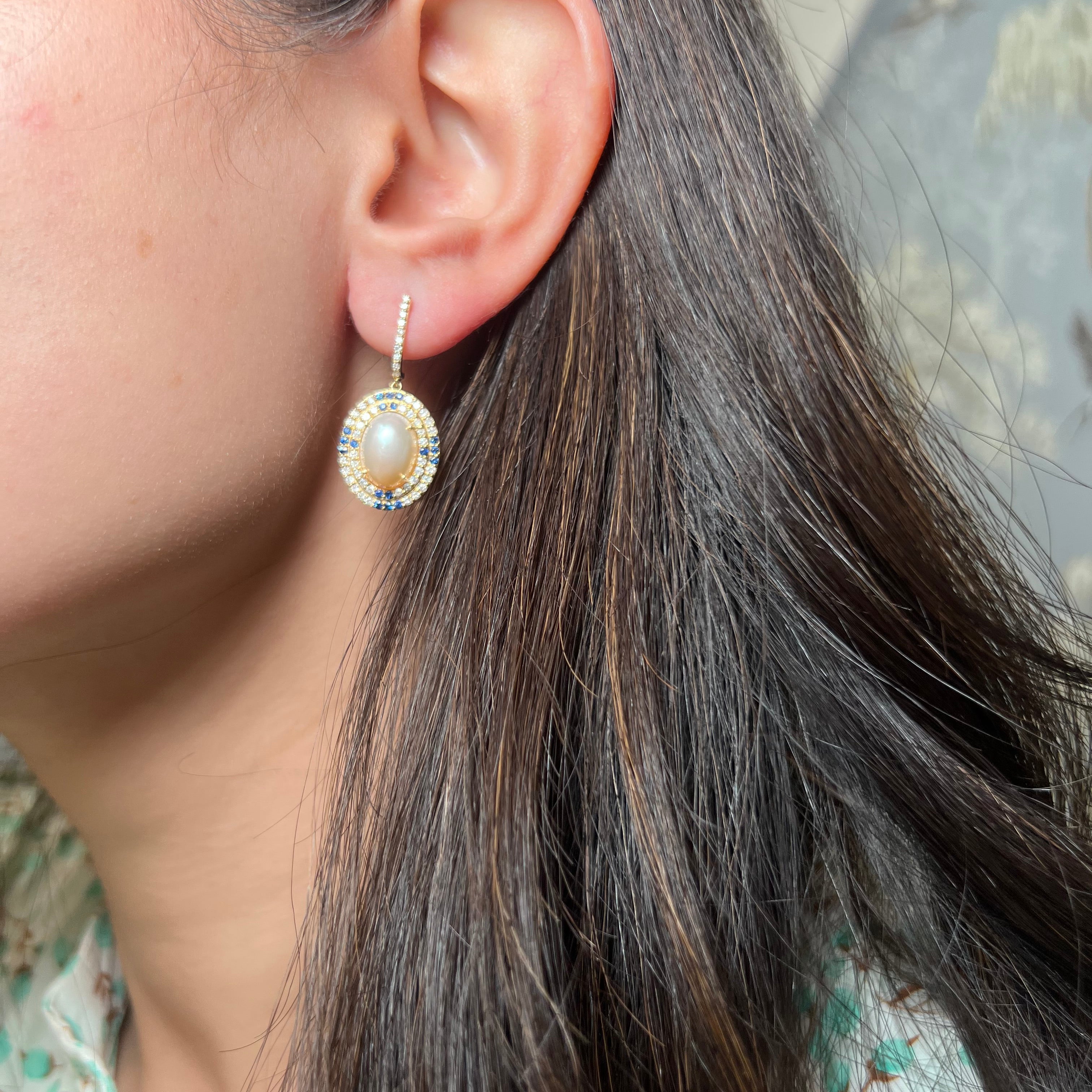 14k Yellow Gold Pearl, Sapphire, and Diamond Dangle Earring