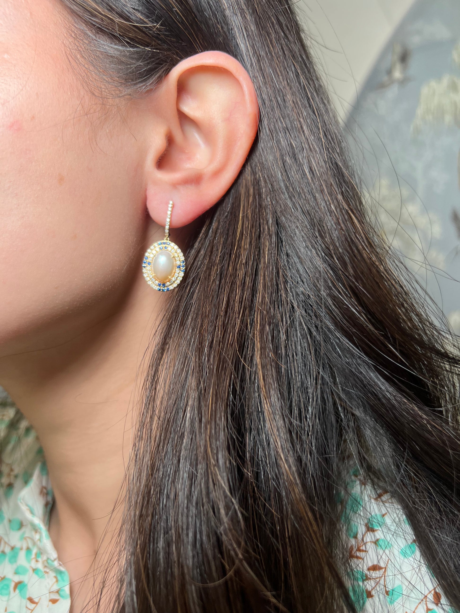 14k Yellow Gold Pearl, Sapphire, and Diamond Dangle Earring