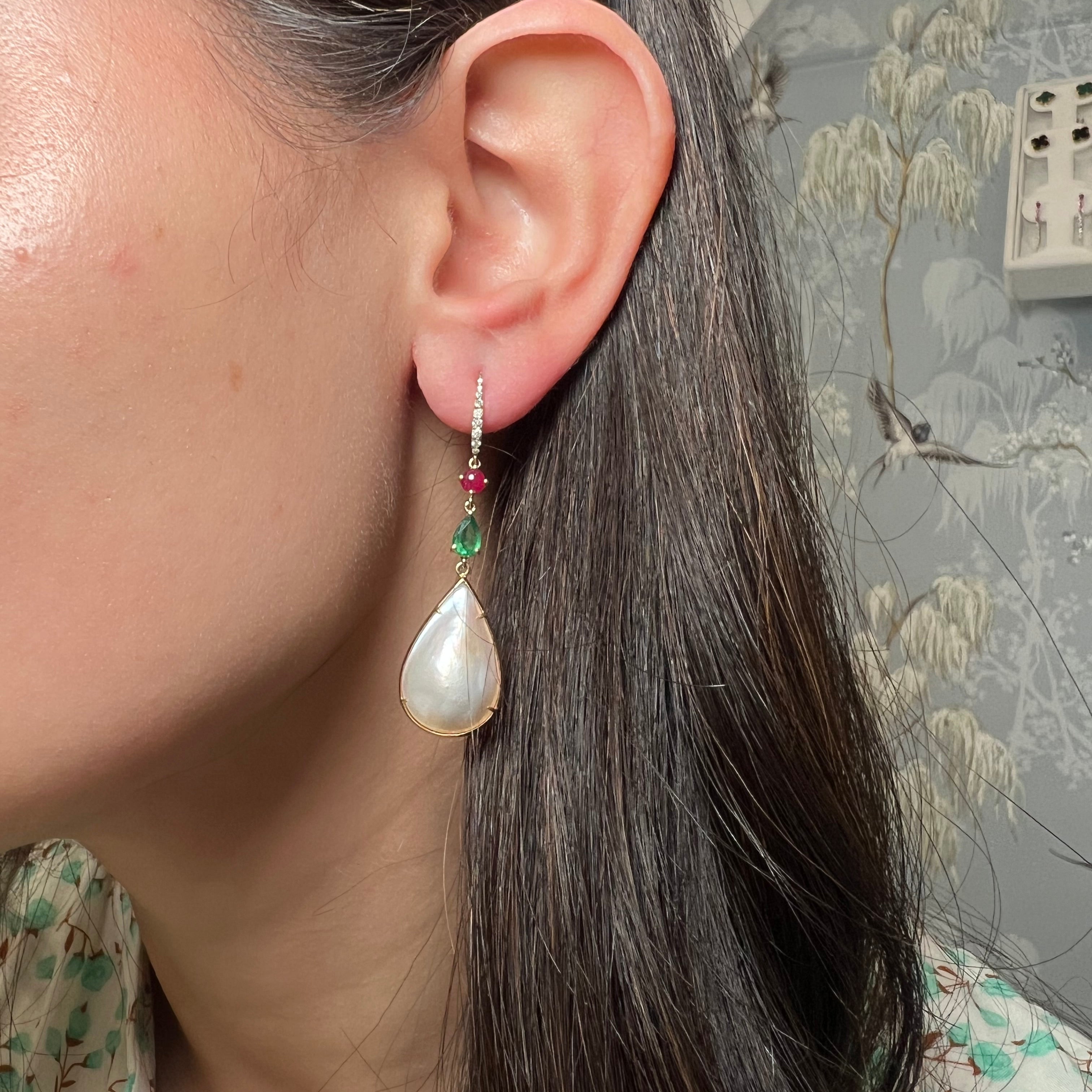 14k Yellow Gold Pearl, Ruby, and Emerald Drop Earrings