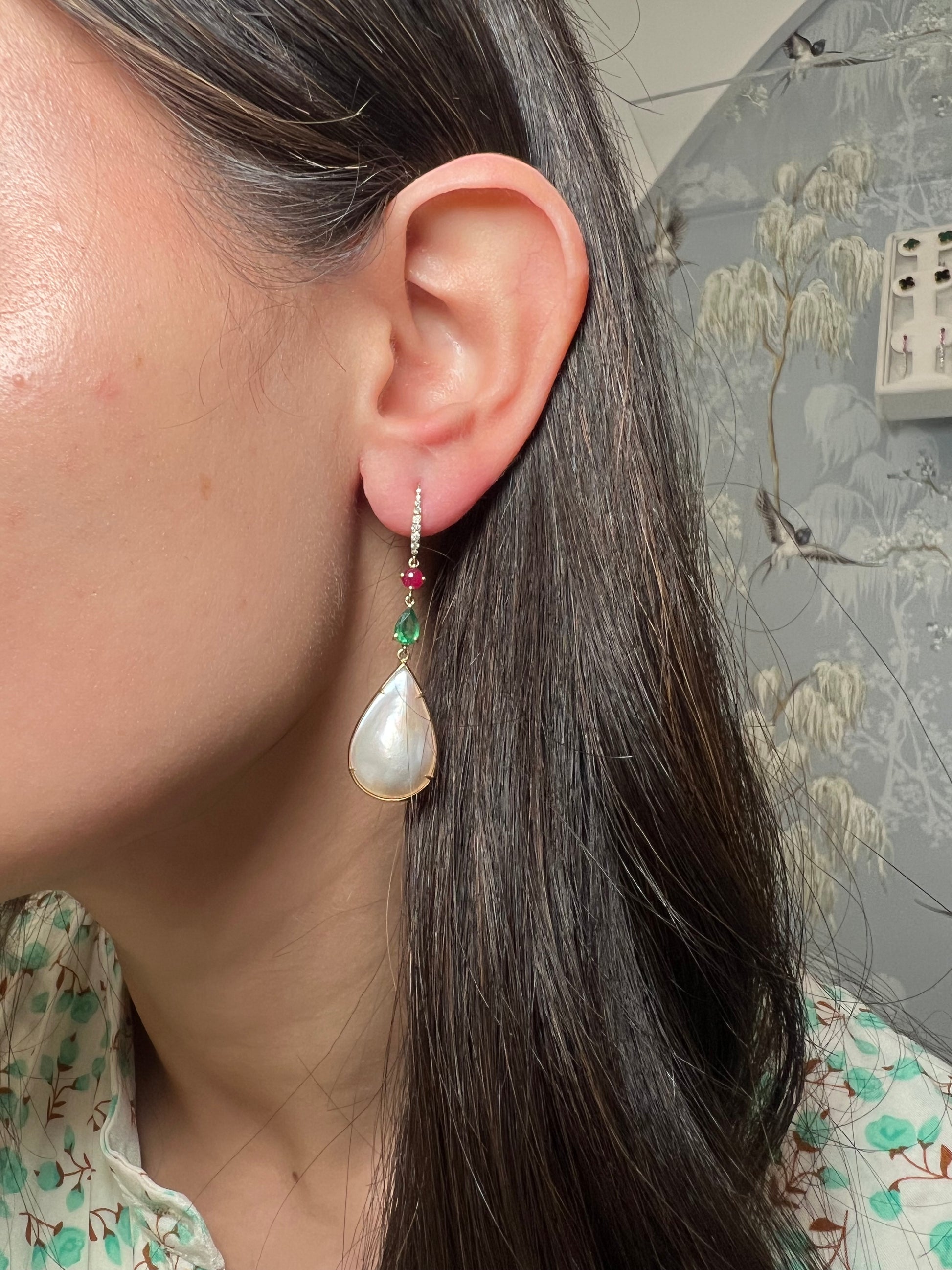 14k Yellow Gold Pearl, Ruby, and Emerald Drop Earrings