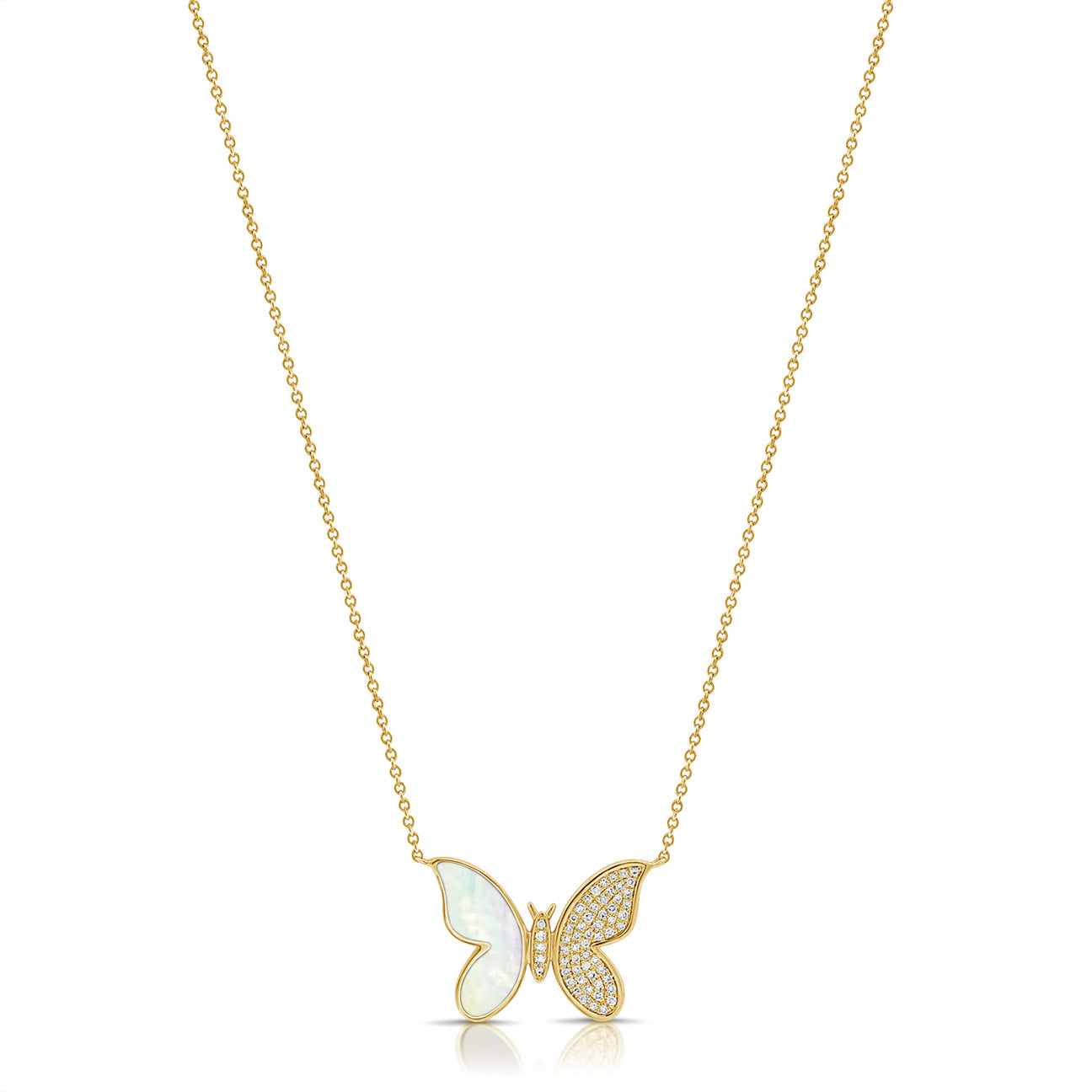 14k Gold Diamond & Mother of Pearl Butterfly Necklace