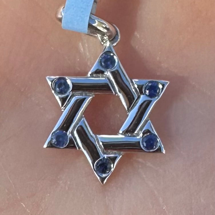 White gold Star of David charm with sapphire stones