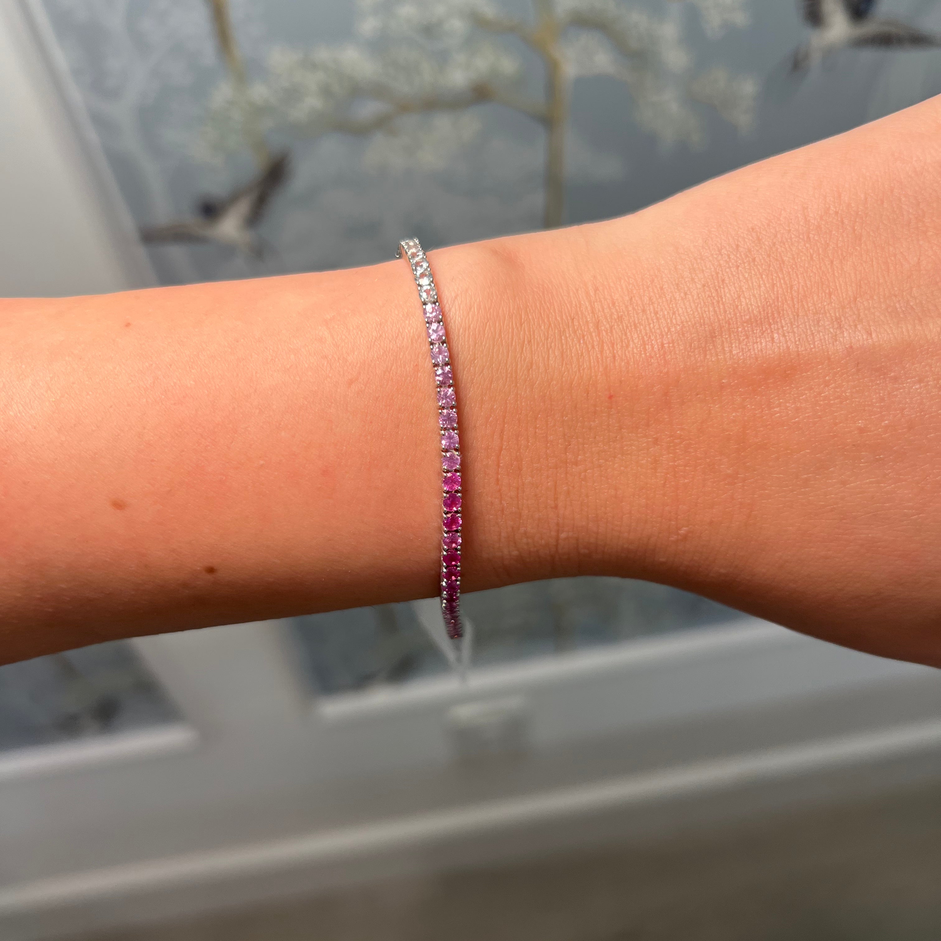 14k White Gold Pink Sapphire and Diamond Ombré Tennis Bracelet