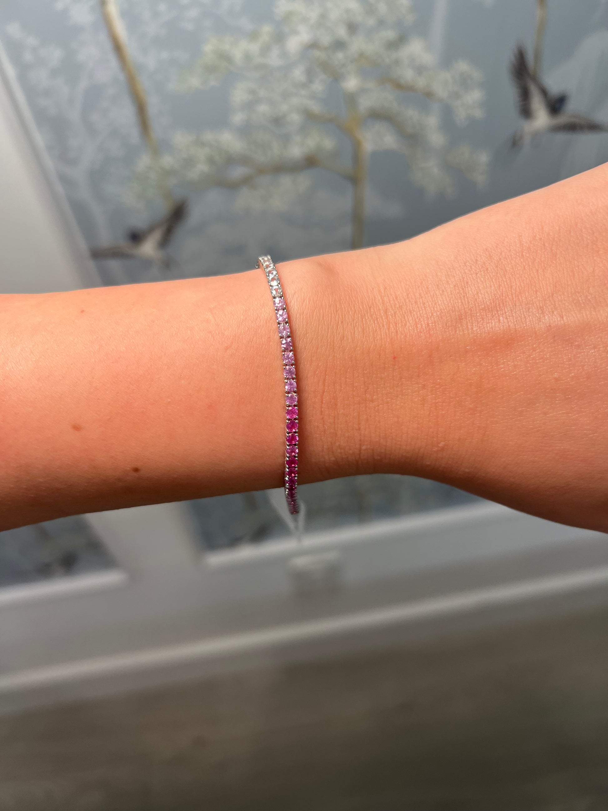 14k White Gold Pink Sapphire and Diamond Ombré Tennis Bracelet