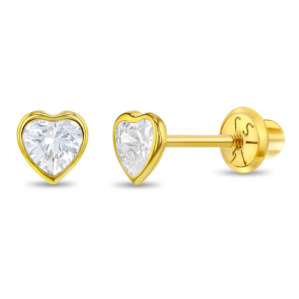 14k Gold Bezel CZ Heart Baby / Toddler / Kids Earrings