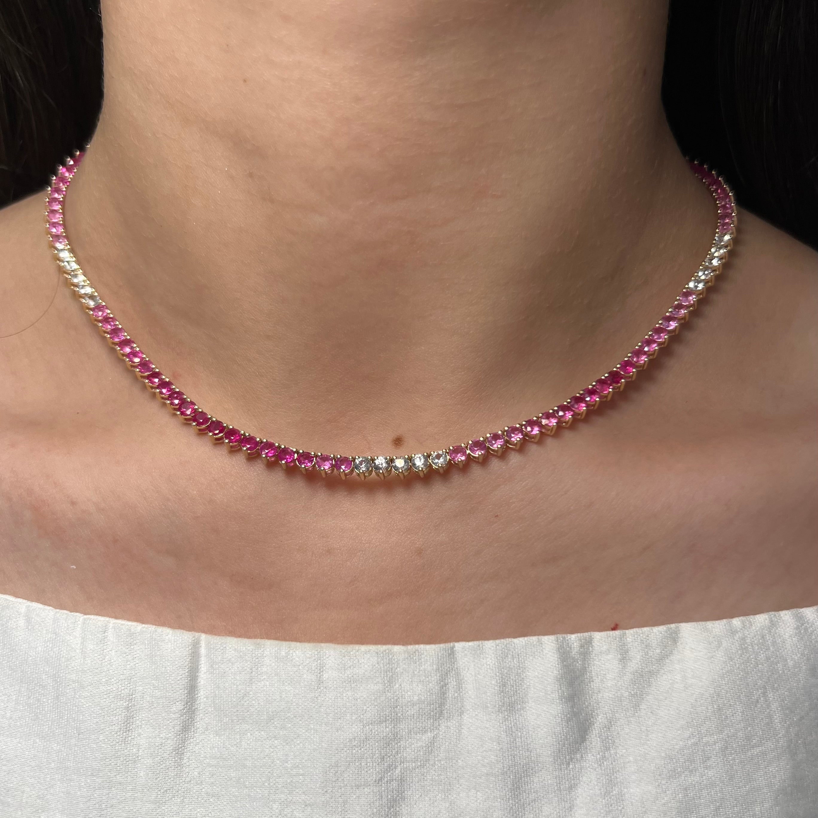 Pink Sapphire Ombré and Diamond Tennis Necklace