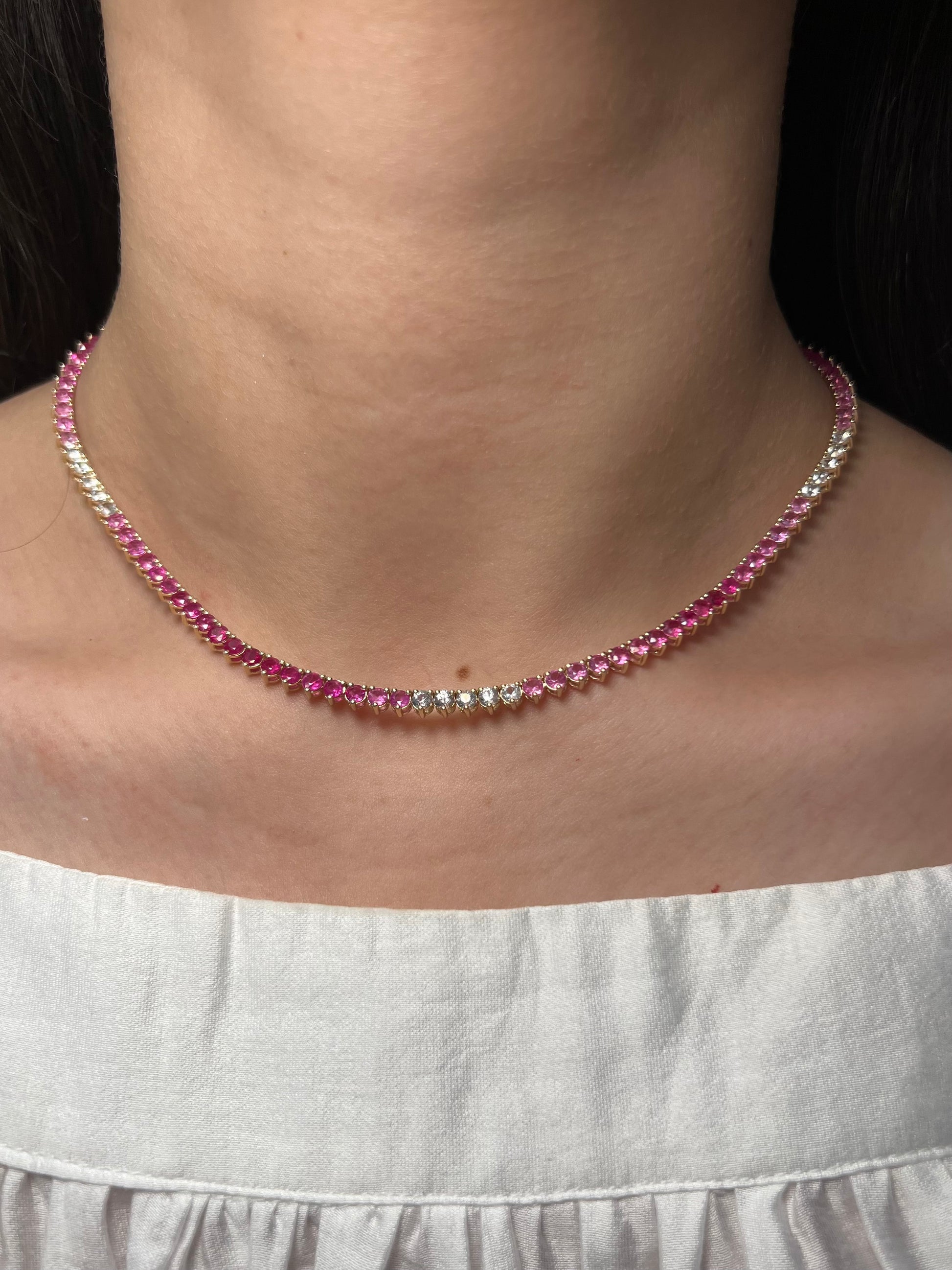 Pink Sapphire Ombré and Diamond Tennis Necklace