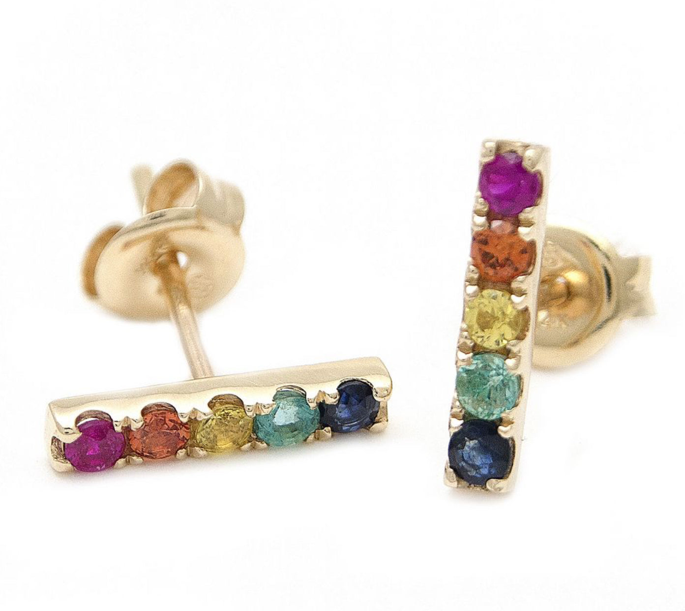 14kt Yellow Gold Rainbow bar Round Prong Multi Gem Earrings