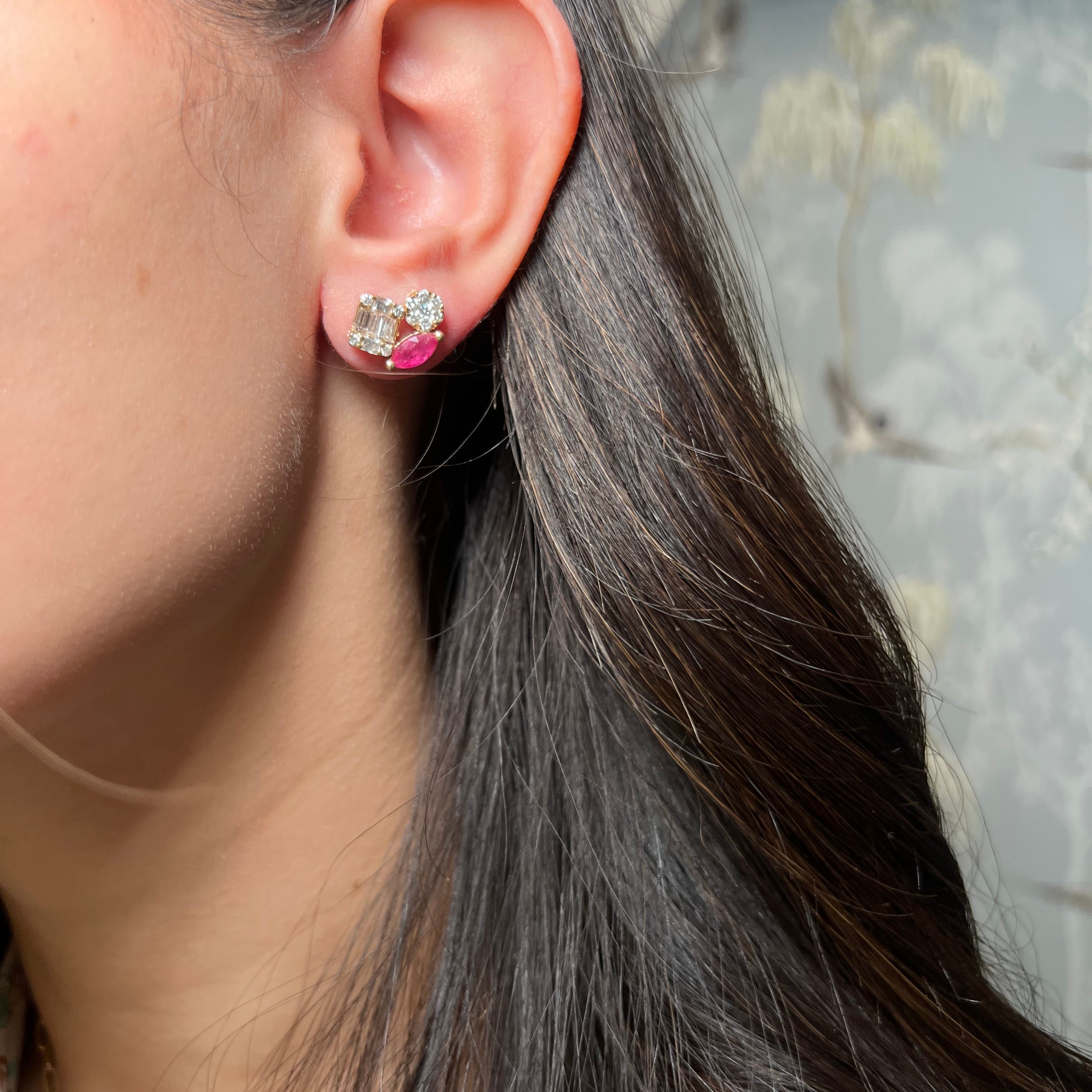 14k Yellow Gold Diamond and Colored Stone Cluster Earring