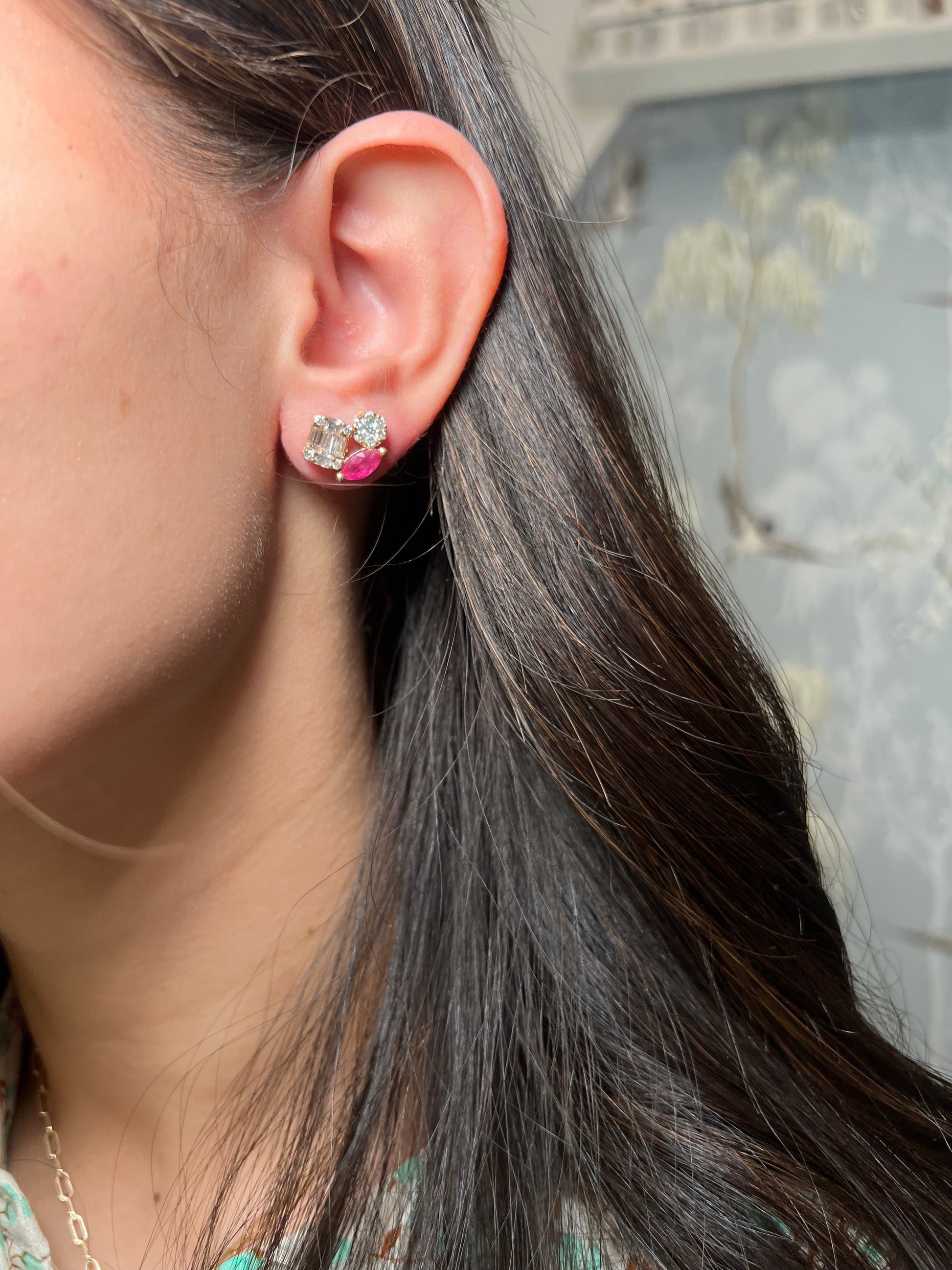 14k Yellow Gold Diamond and Colored Stone Cluster Earring