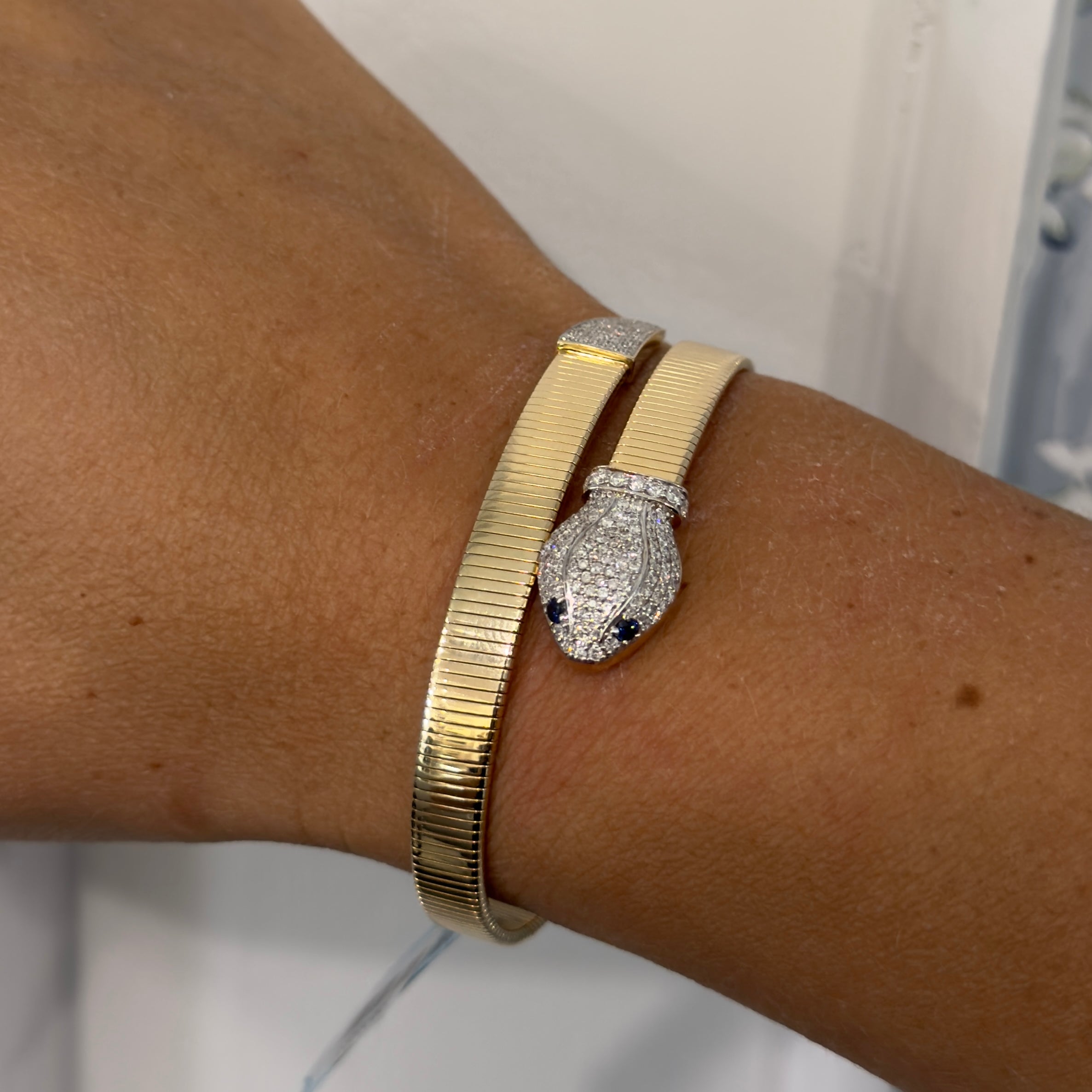 14K Gold and Diamond Snake Fluted Bangle