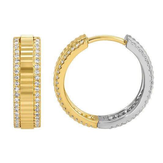 14k Two Tone Lines / Fluted Multiway Diamond Huggie Earrings