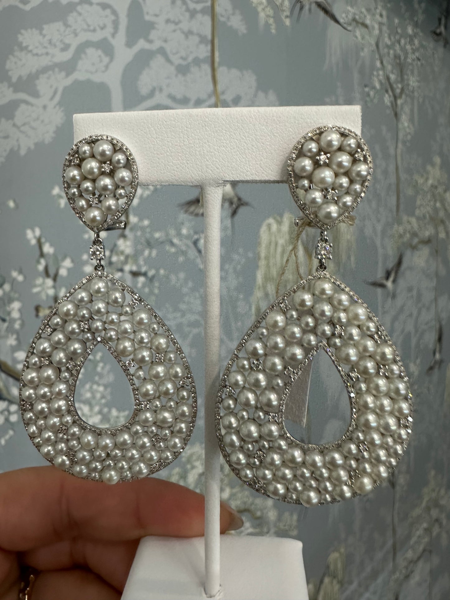 14k White Gold Pearl and Diamond Drop Earrings