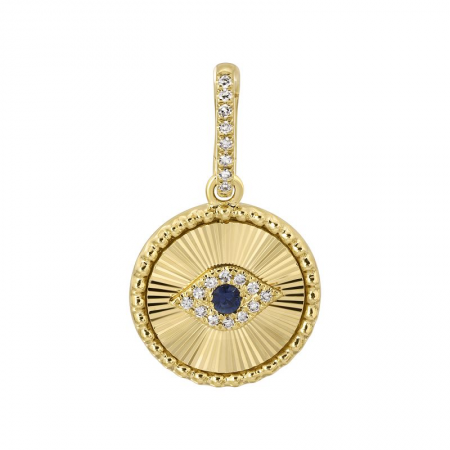 14k Yellow Gold Lines / Fluted Evil Eye Diamond Necklace Charm