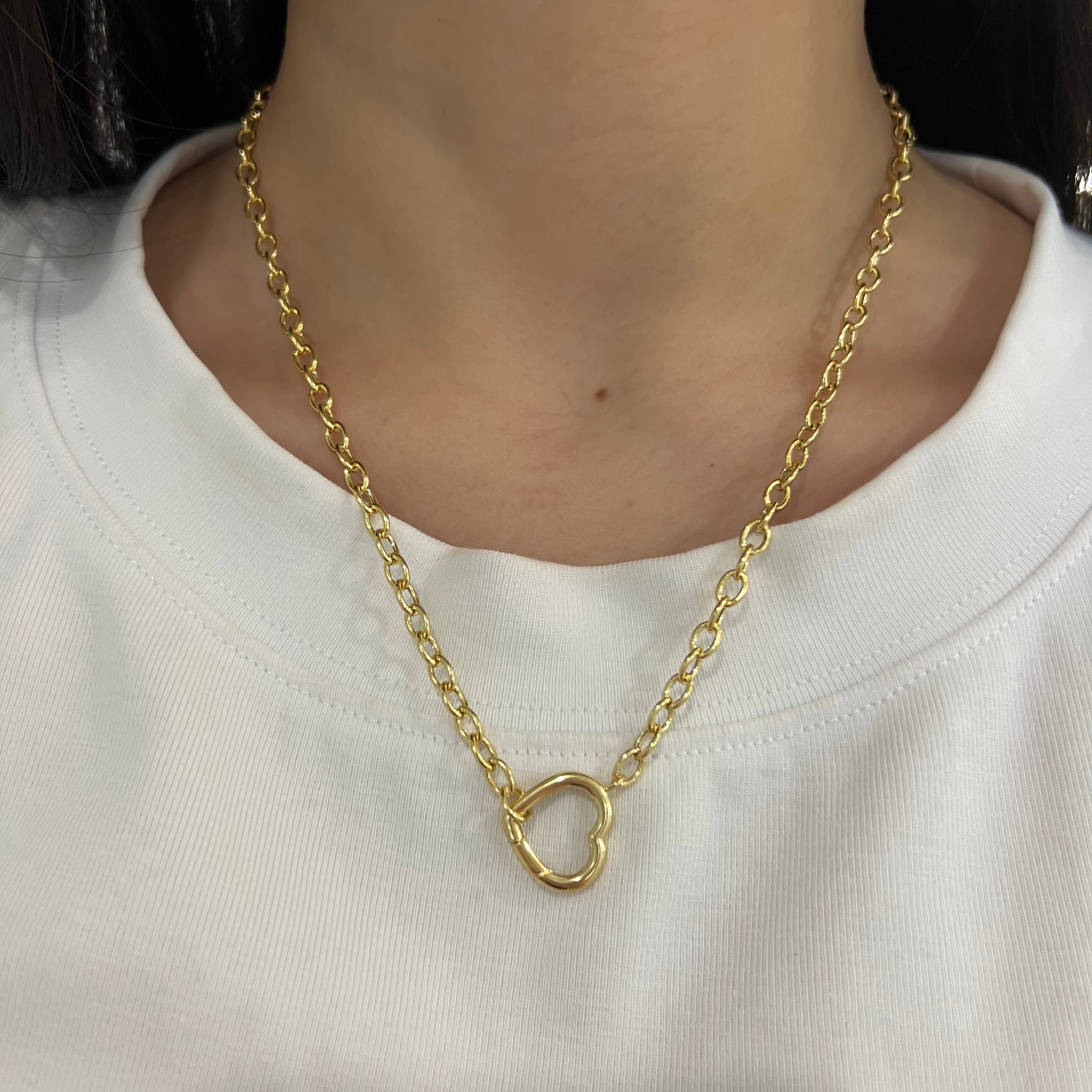 Yellow Gold Chain Necklace with Heart Charm Enhancer
