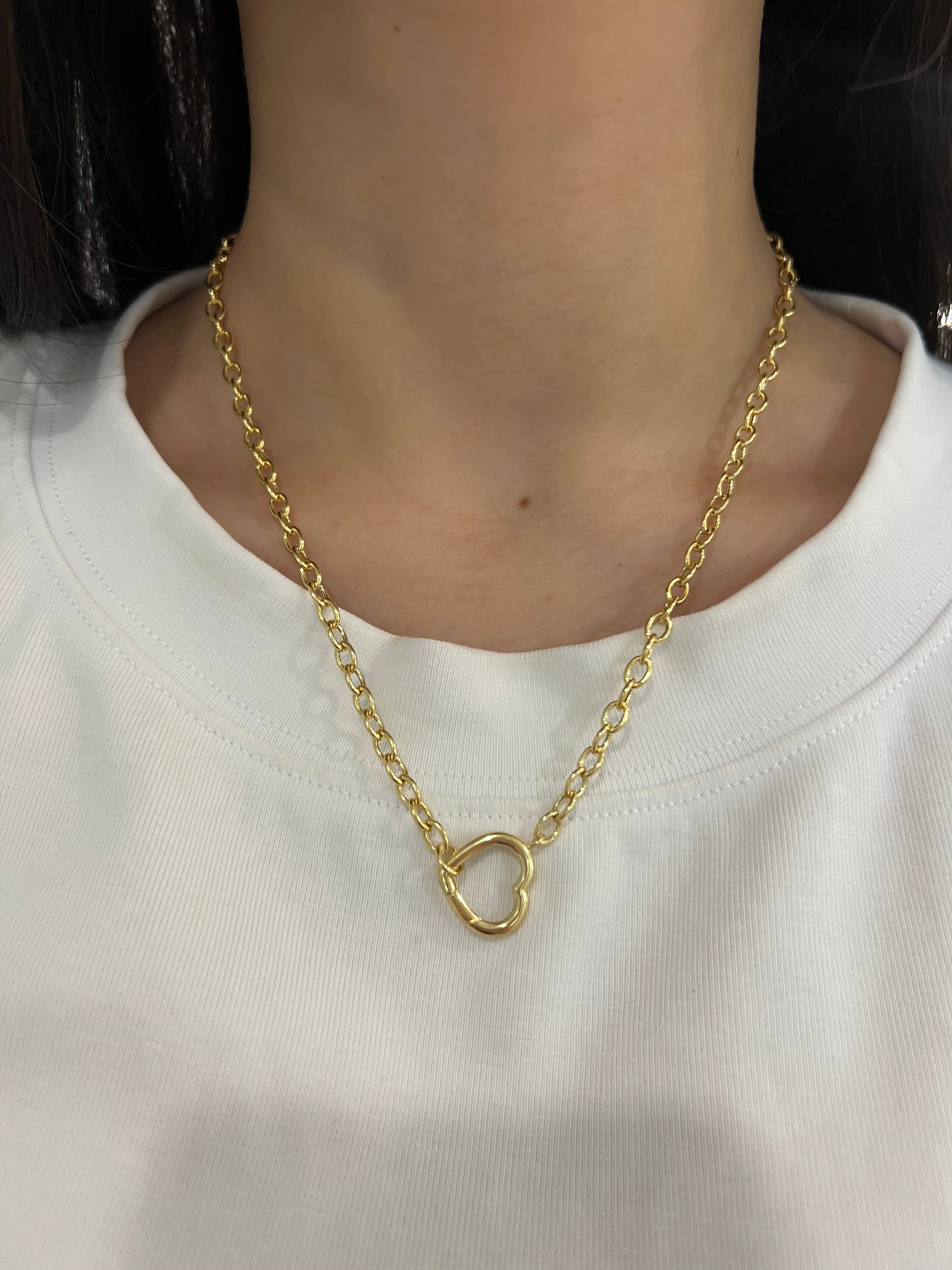Yellow Gold Chain Necklace with Heart Charm Enhancer
