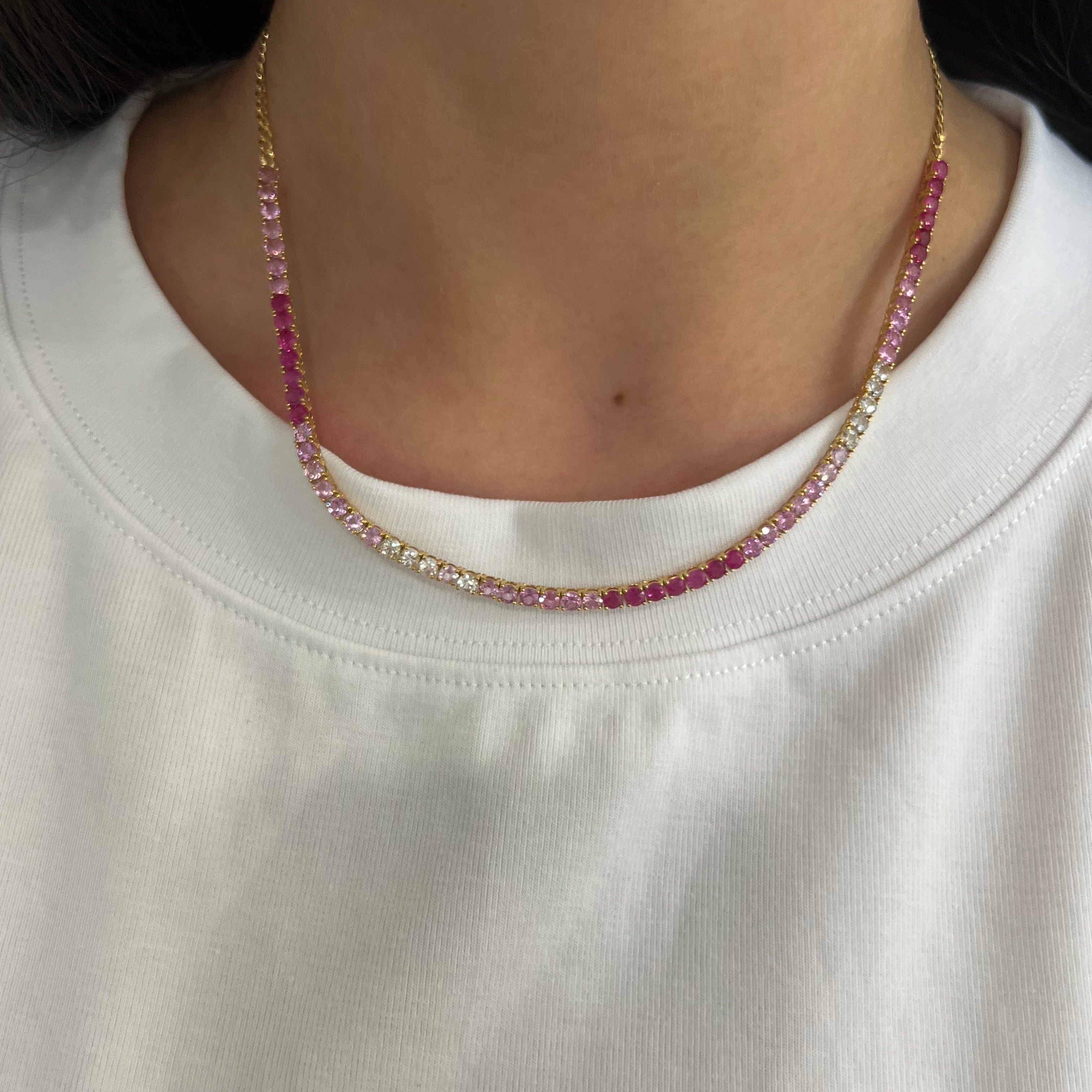 14k Yellow Gold Pink Sapphire Ombré Tennis Necklace
