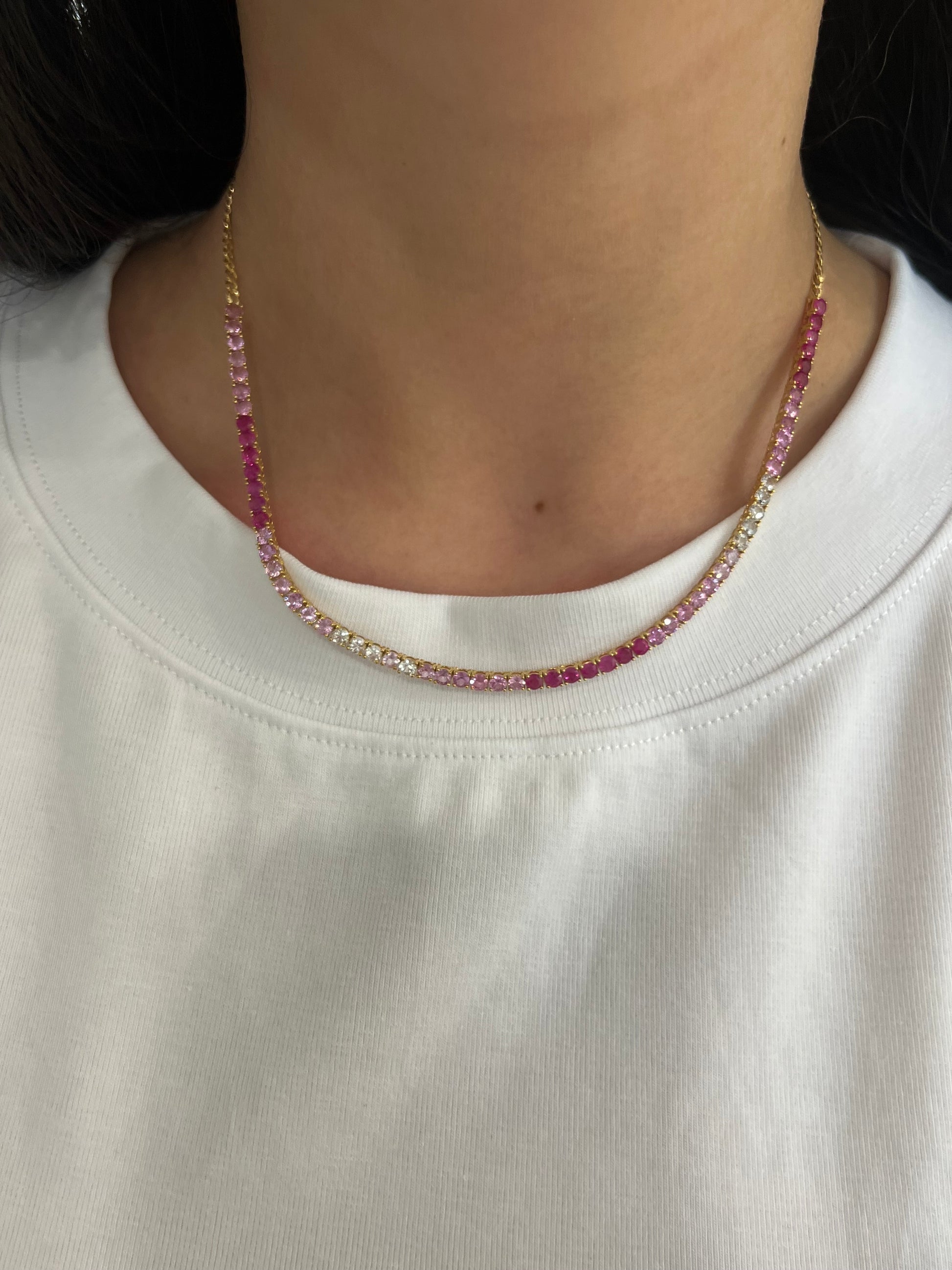 14k Yellow Gold Pink Sapphire Ombré Tennis Necklace